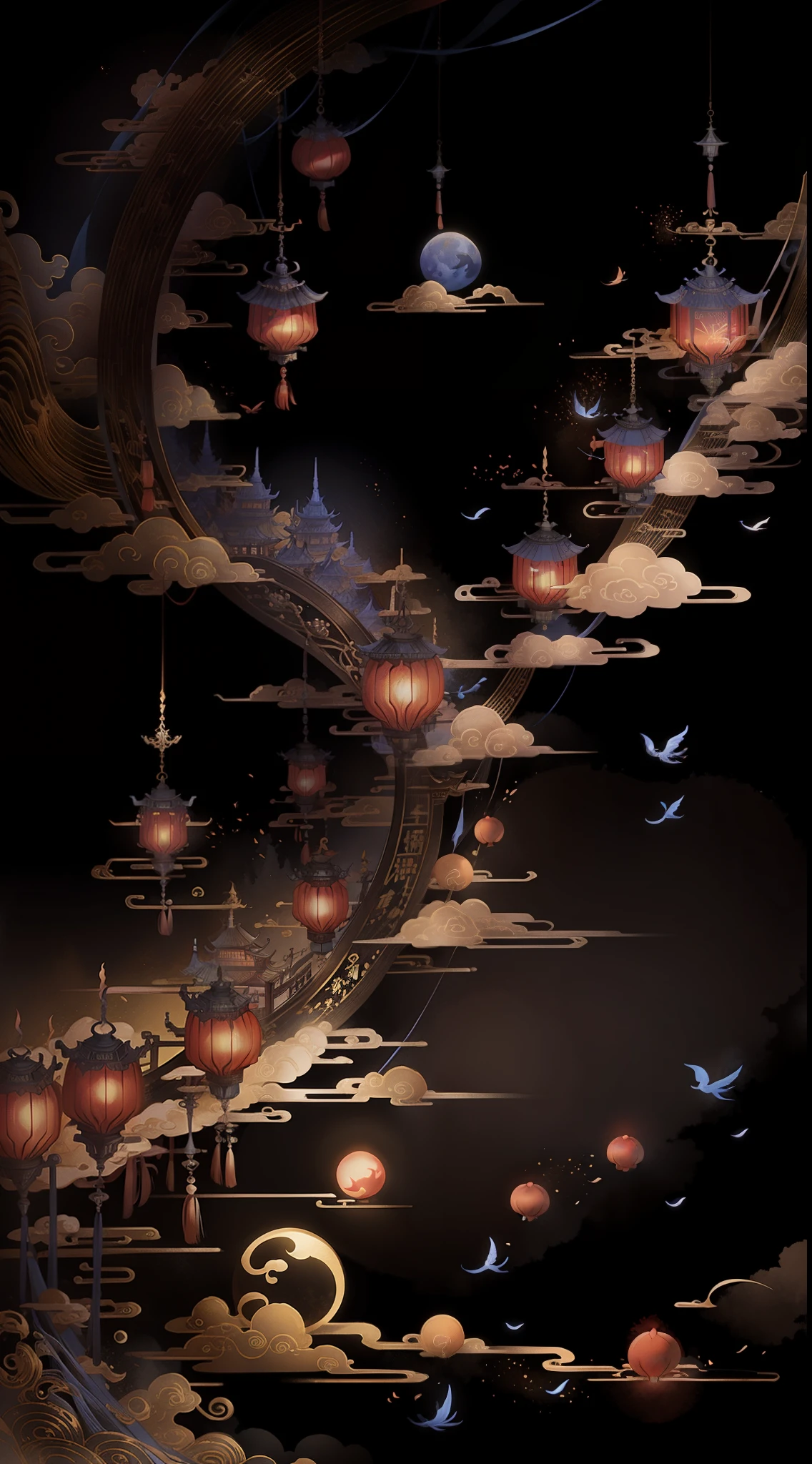 Mid-Autumn Festival,Moon cake, Auspicious clouds, Red lanterns, Exquisite ancient Chinese architecture, In the background is a huge moon, With vector line illustration, amarelo、Red and dark blue tones, Abstract picture, No Man,No Man,No Man,surrealism, Clear background trends, clear contour light, Edge light, fantasy, Dappled light, Flat illustration,Disney style, 8K, --AR 9:16 --q 2 --niji 5