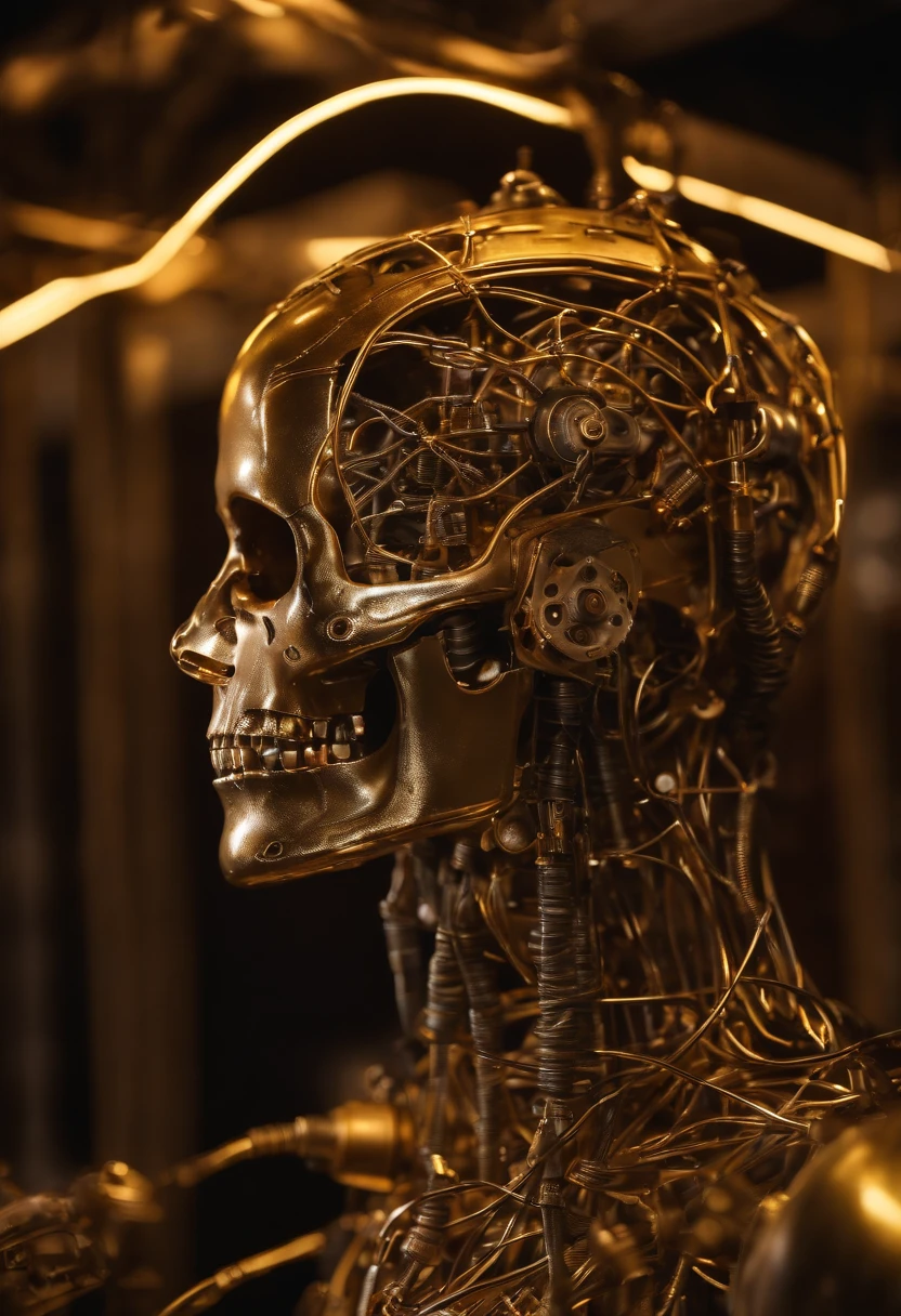 (((Highest quality))), ((Golden metal)), ((Ultra Definition)), (Highly detailed photorealistic), (((Delicate and beautiful features)), (Detailed mechanical robot head)), cinematic light, ((puppet Mechanical body)), (((inexpressif))), seulement, corps entier, ((male)), Rusty bald mechanical head, ((Rusty electric neon cables)), ((Detailed mechanical skull)), ((Bright neon eyes)), (Mechanical neon seals: 1.4), (Neon of rusty mechanical branches)), (Neon blood vessels connected to fluorescent cables), ((electromechanical vertebrae attached to the mechanical skull)), (((Fluorescent cervical vertebrae of the machine) attached to the neck)), ((suspendu)), (Electrical wires and fluorescent cables attached to the head and body: 1.5), nombreuses petites lampes LED sur le corps, Sf, Detailed neon lights, ((intricate high detail, Realstic, photo-realistic, photo-realistic:1.37))