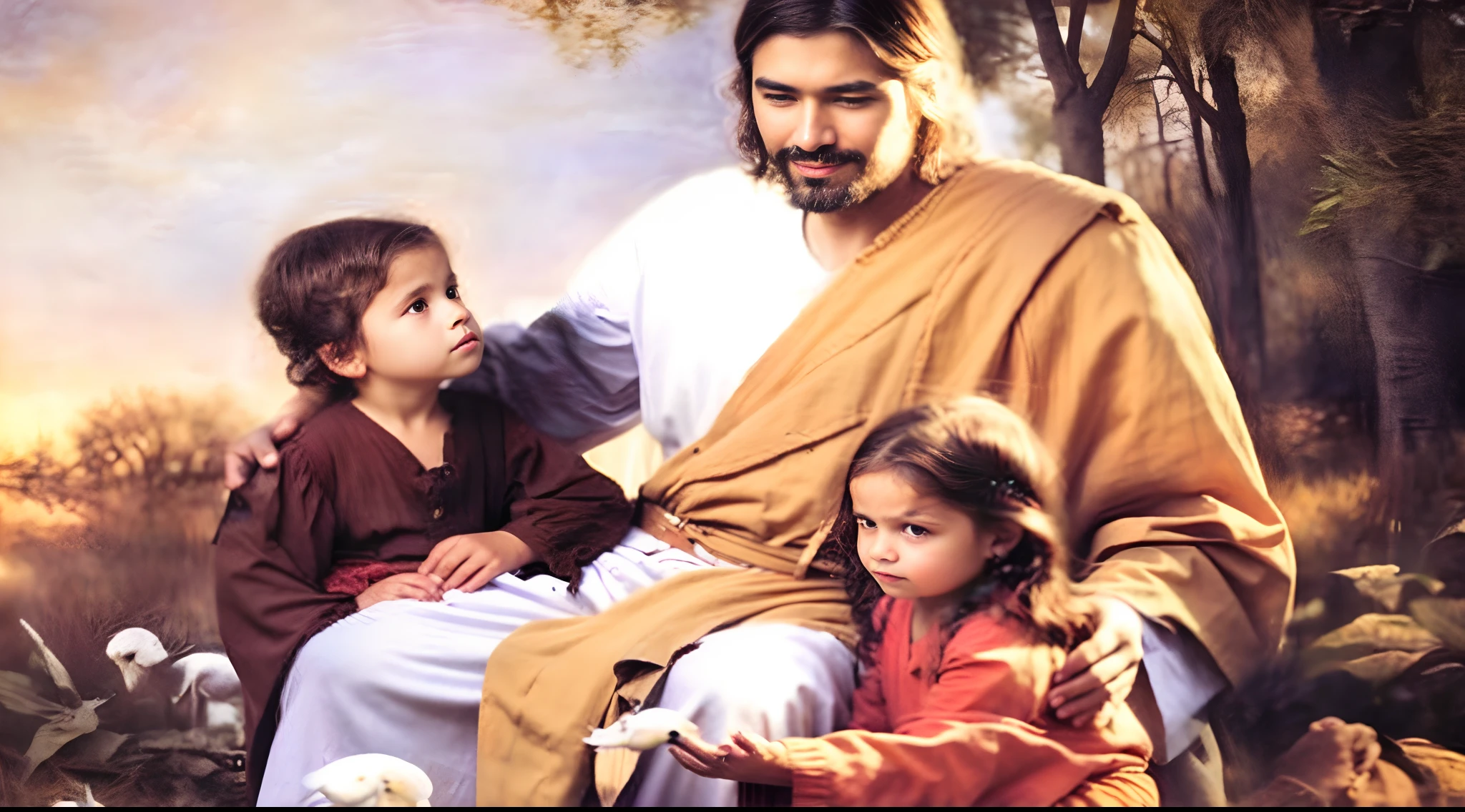 Retrato moderno de Jesus, with children, cinematic lighthing, profundidade de campo, Bokeh, Realismo, fotorrealista, hiper-realismo, fotografia profissional, UHD, DSLR, HDR
