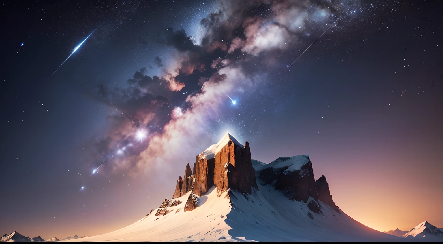 A shooting star falls on a mountain