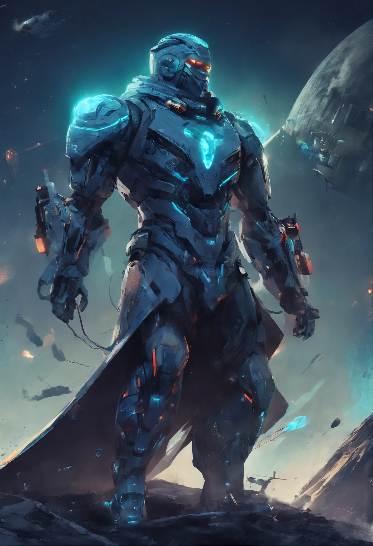 Blue Ghost Hunter, (Giant: 1.6), Super Cool Ghost Killer, Surrounded by lightning, super detailed, Realistic, shiny, Reflective, bio luminescent, Galaxy Control Mask, mechs, (The executioner was hanged:1.2), Cape, SH4G0D, GlowingRunes_Red, movie, Dark background, Backlight, High contrast, Advanced metropolis、cosmic space、(Planes:1.8)