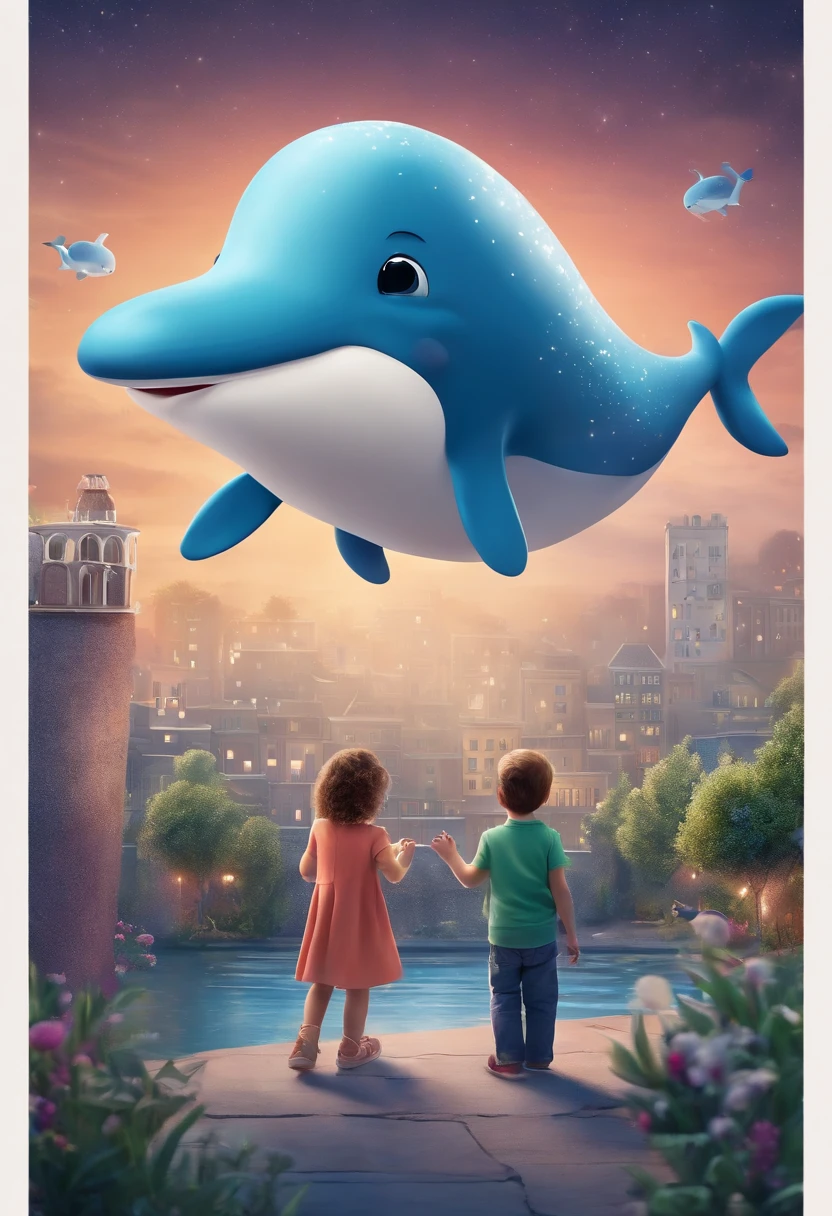 The stars shine，colourfull，Giant whales float over the city，It's cute and cute，Kids Illustration，Light effect，Dingdall Effect，depth of fields，high light，Real Light，Ray traching，OC Rendering，A hyper-realistic，best qualtiy，8K，The master's work，ultra-fine，Detailed plot，correct anatomy