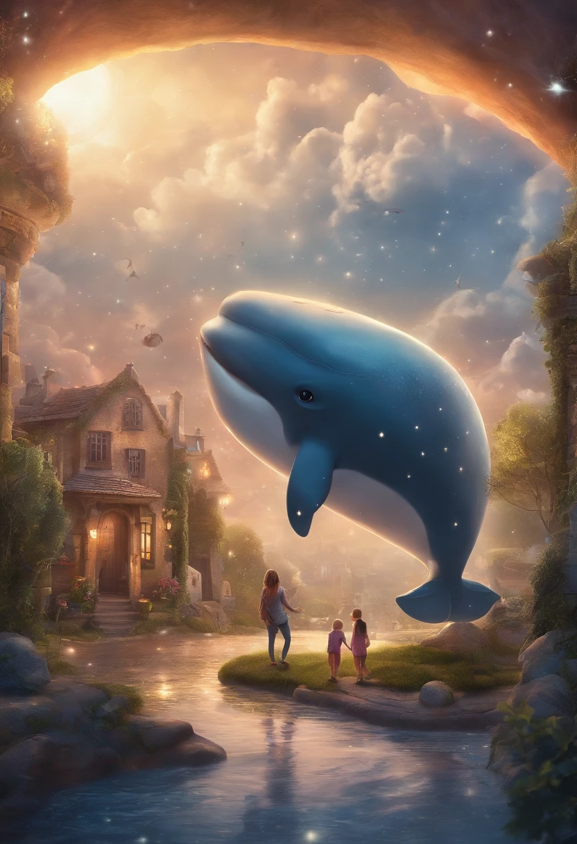 The stars shine,colourfull,Giant whales float over the city,It's cute and cute,Kids Illustration,Light effect,Dingdall Effect,depth of fields,high light,Real Light,Ray traching,OC Rendering,A hyper-realistic,best qualtiy,8K,The master's work,ultra-fine,Detailed plot,correct anatomy
