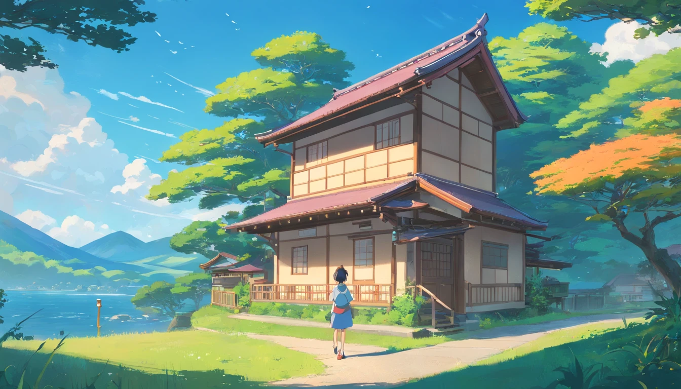 Casas rurales japonesas, Real anime costume design, Viaje de Chihiro, Totoro. detallado, colorido, cielo azul con dragon blanco volando