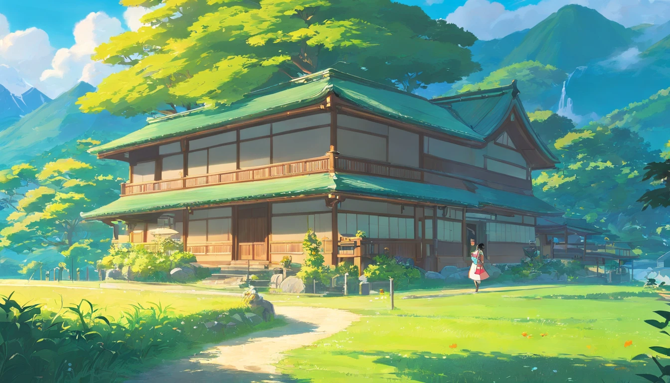 Casas rurales japonesas, Real anime costume design, Viaje de Chihiro, Totoro. detallado, colorido, cielo azul con dragon blanco volando