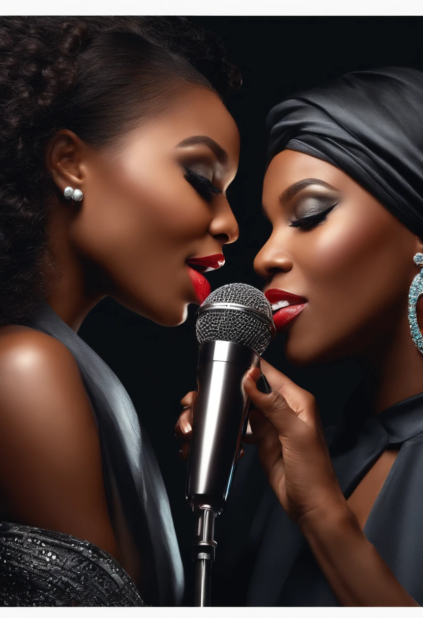 Two black women blowing at a mic, Close-up,