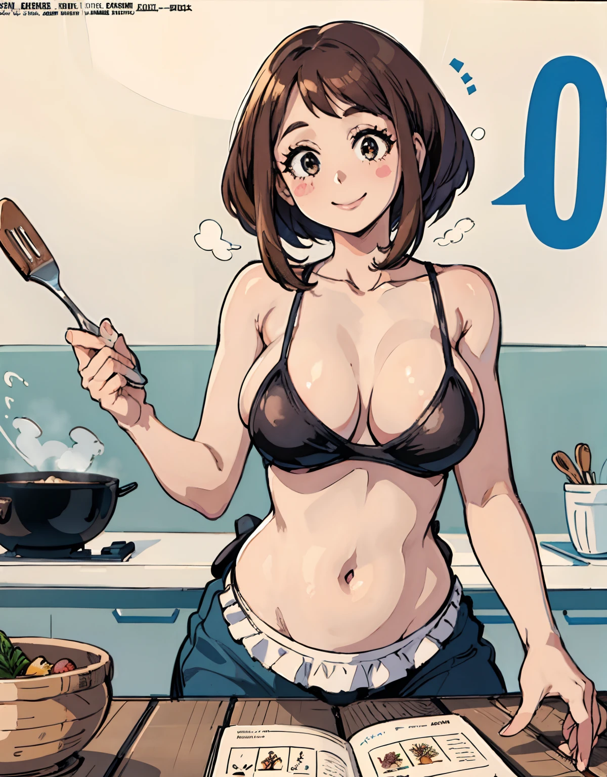 (Best Quality, Masterpiece),sexy mommy, Front cover of a women's cooking magazine, , naked, erotic, 18+, nsfw, 1girl, 30 years old, stunning, cute, heartwarming smile, hourglass figure, super mini bikini, pinny apron, beautiful food, text, diagrams, advertisements, magazine title, short brown hair, brown detailed sparkling eyes,