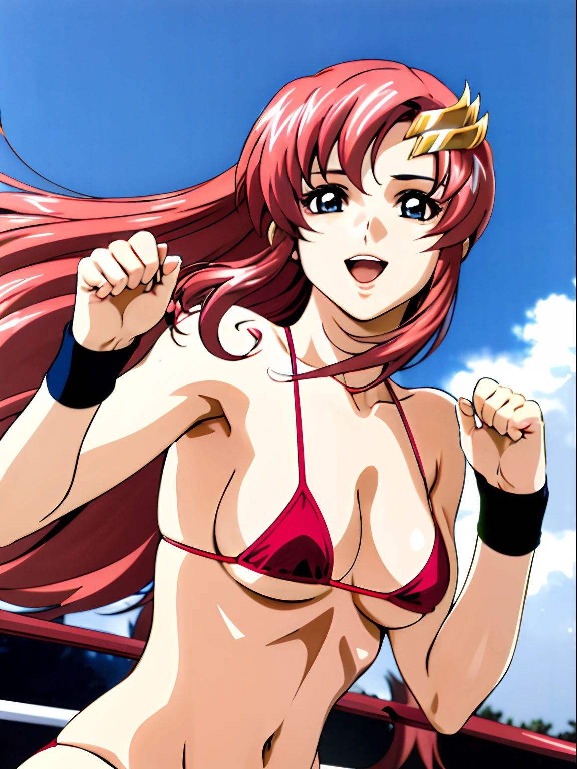 (masterpiece, upper body view, 4K, Best Quality, Anime style: 1.9,, Adult Woman, ultra detailed face, (cloud background, wrestling), Drawing lines, high resolution, Anime, lacus4), 1girl, Solo, curvy figure, Long hair, 鎖骨, scapular, (Detailed wide hair bangs, Hair Ornament, Detailed reddish-pink hair, golden crest), cleavage, large hands, (female wrestler). (Big blue eyes, shiny eyes), ((female wrestler, little biceps, slender body, broad shoulders, closed fists)), ((perfect proportions, medium breasts, long belly)), (((micro bikini, pink wrestling gear, champion))), happy, smile, open mouth, (belly dancing, looking at the viewer), , showing off underarm, (elegant lady), random pose, leaning backward