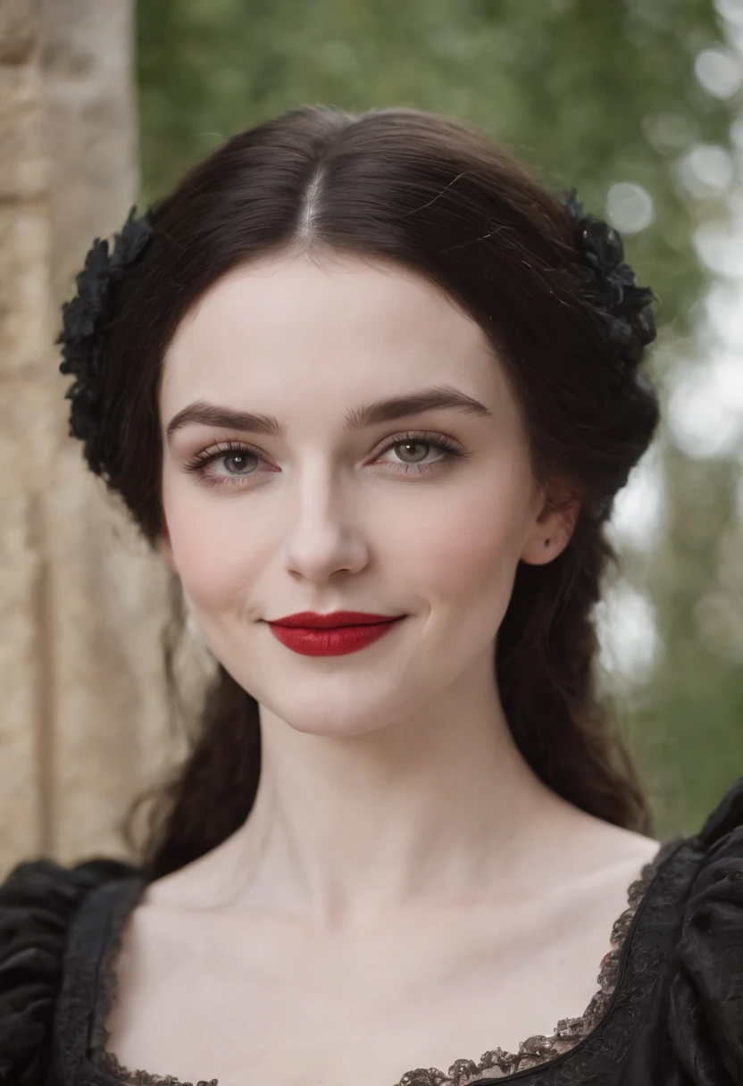 fourteenth century french smiling courtesan beautiful in black clothing. Pale skin, Black hair, red lips