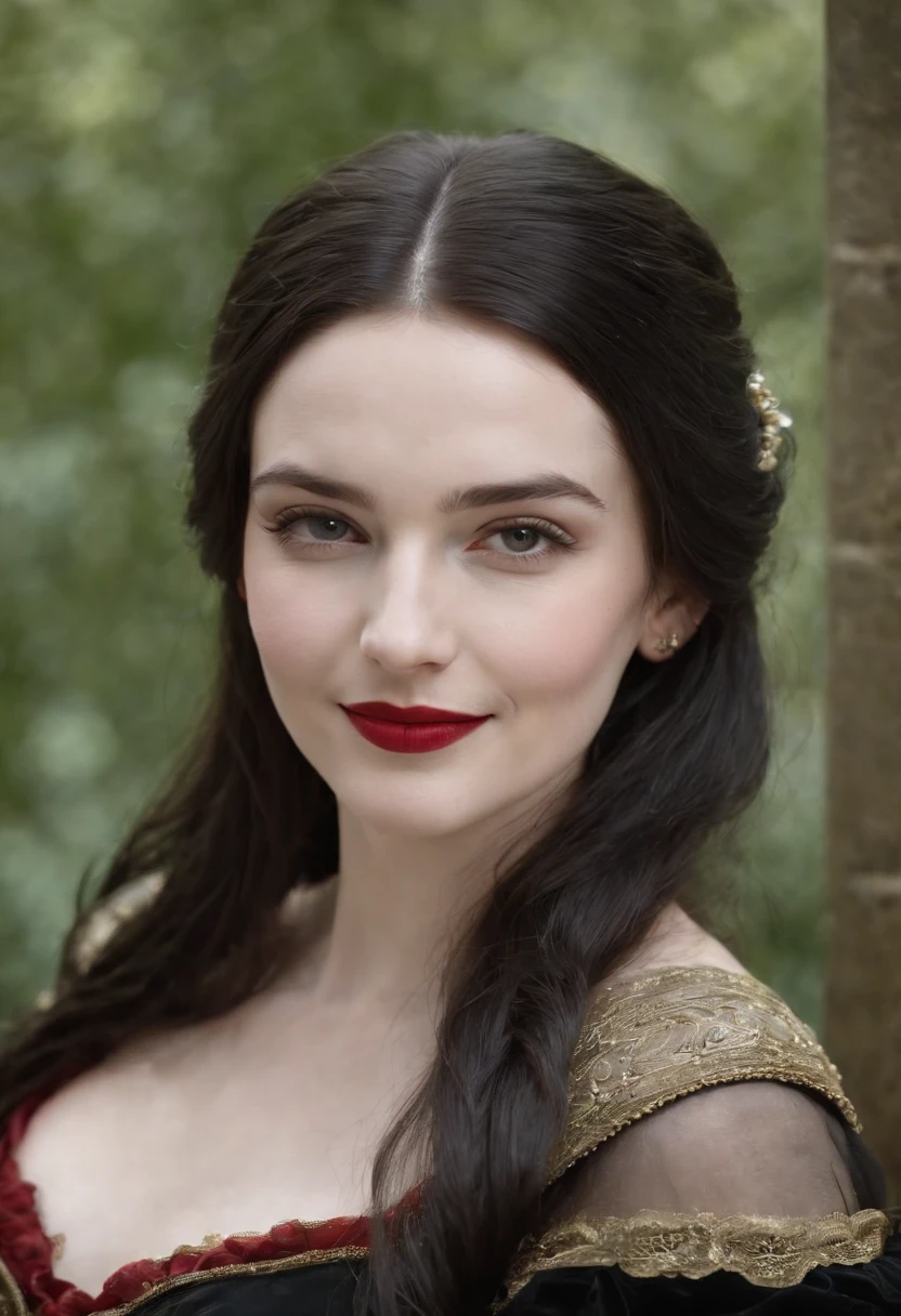 fourteenth century french smiling courtesan beautiful in black clothing. Pale skin, Black hair, red lips