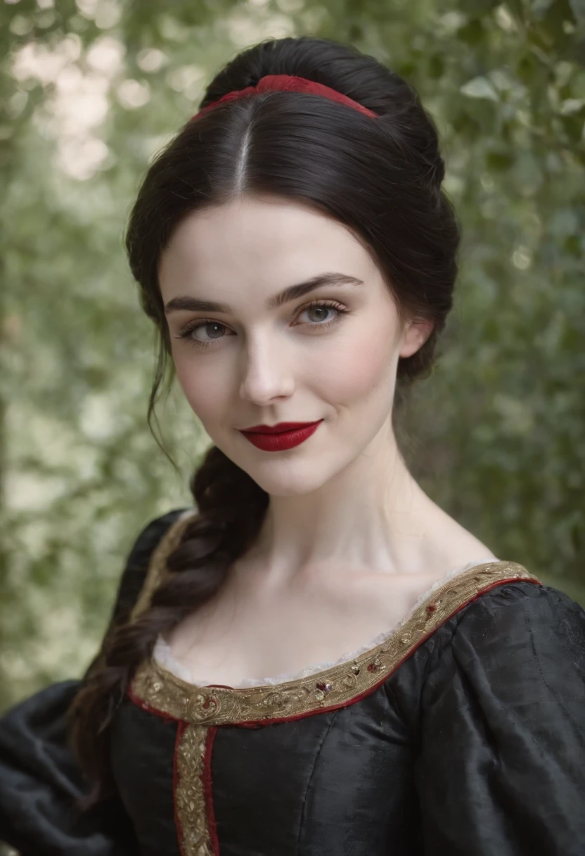 fourteenth century french smiling courtesan beautiful in black clothing. Pale skin, Black hair, red lips