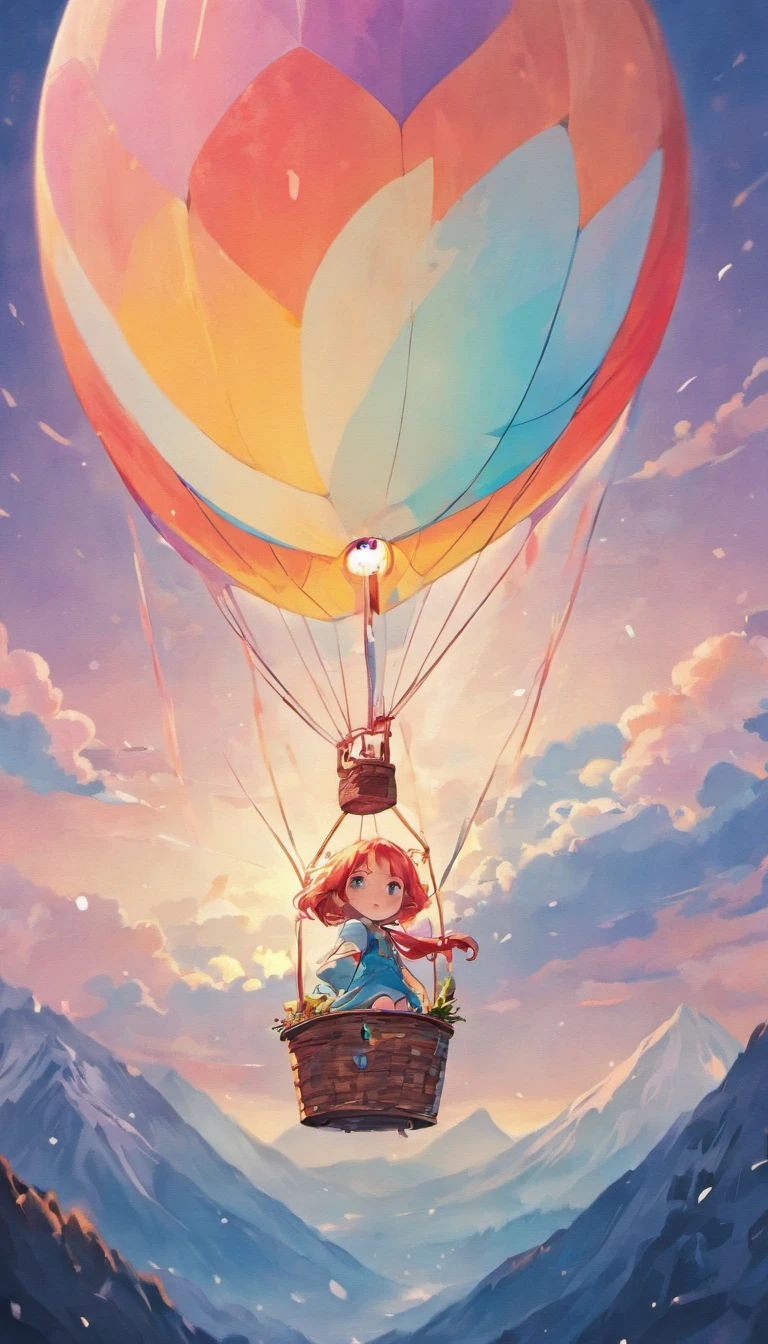 Color enhancement，High contrast，Light rays are oblique，k hd，dream magical，high saturated，High brightness，k hd，dream magical，There is a picture of a hot air balloon flying over a mountain, dreamlike illustration, main body，Hot air balloon close-up, Cute detailed digital art, blurry and dreamy illustration, illustratio, , Beeple and Jeremiah Ketner, illustratio, trend on behance 3d art, trend on behance 3 d art, adorable digital art