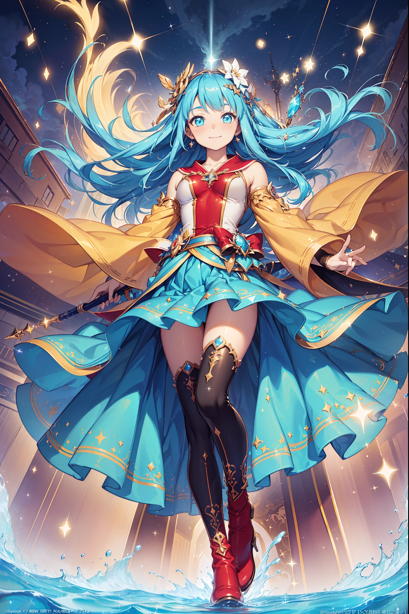 ((magical )), ((Gorgeous starry sky background)), ((Ultra-detailed)),(Best water illustration), ((Cinematic lighting)), Dynamic Angle, Floating, finely detailed,(Transparent outer skirt and streamers:1.1), (glitters:1.2), (Sparkle:1.2), (Shine:1.2), (Best quality), (Masterpiece:1.2), (Anime style), (Solo), Beautiful detailed face, (Cute face:1.3), Colorful hair, (Long hair:1.2), (Floating hair:1.2), (Love magic girl costume), detailed outfits, (Sparkling wand:1.3), (Magical effect:1.3), (Flowing skirt:1.2), (Cute boots:1.1), (Transparent fabric:1.1), (Twinkle:1.2), (Glow:1.2), (Radiance:1.2), (Flicker:1.2), (Dazzle:1.2),(The magic of love:1.3)