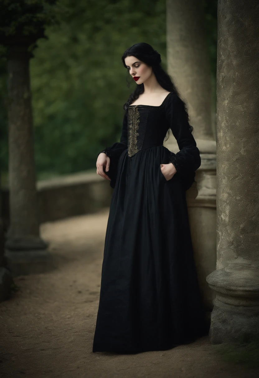 fourteenth century french courtesan beautiful in black clothing. Pale skin, Black hair, red lips