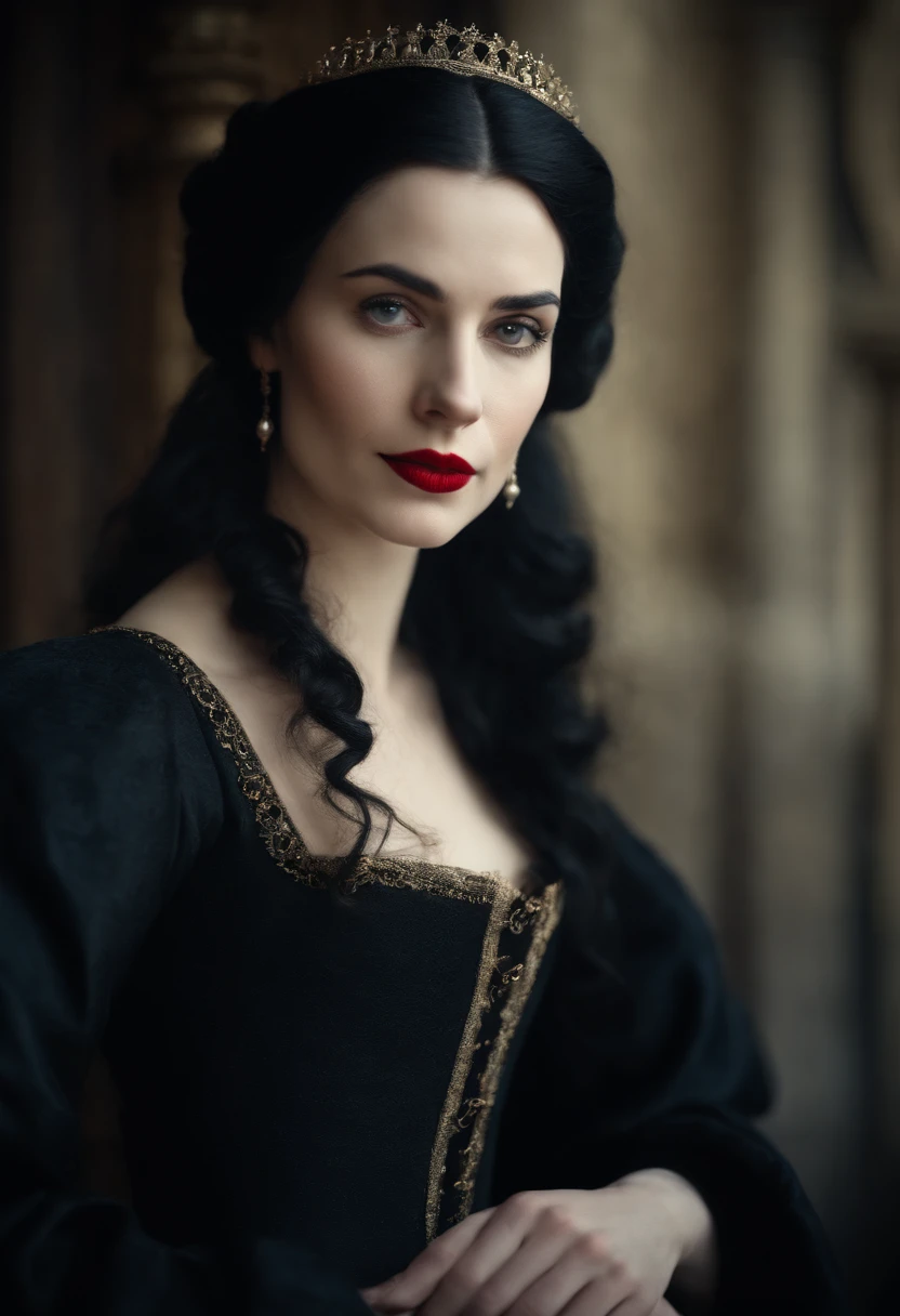 fourteenth century french courtesan beautiful in black clothing. Pale skin, Black hair, red lips