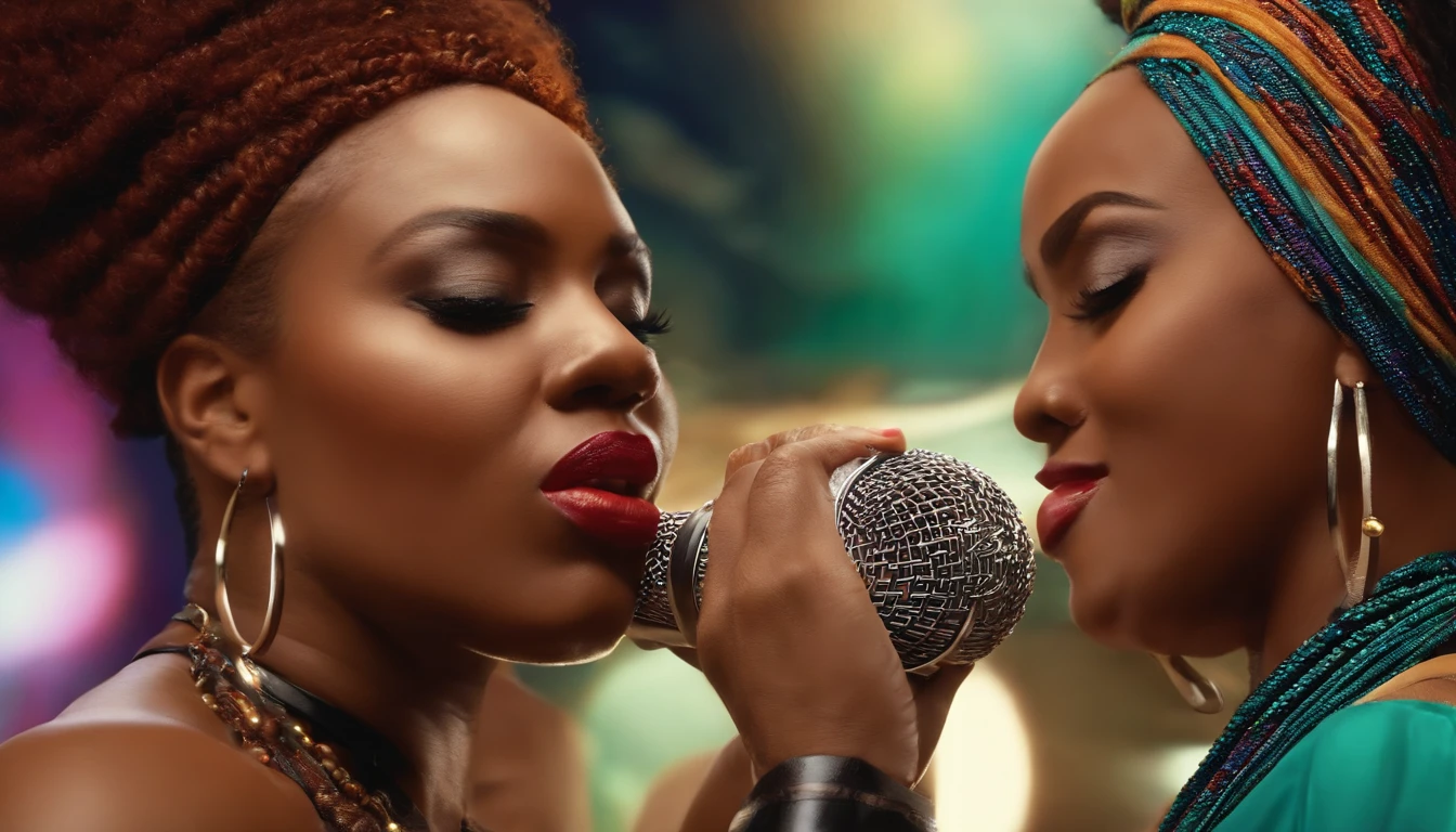 Two black women blowing at a mic, Close-up,