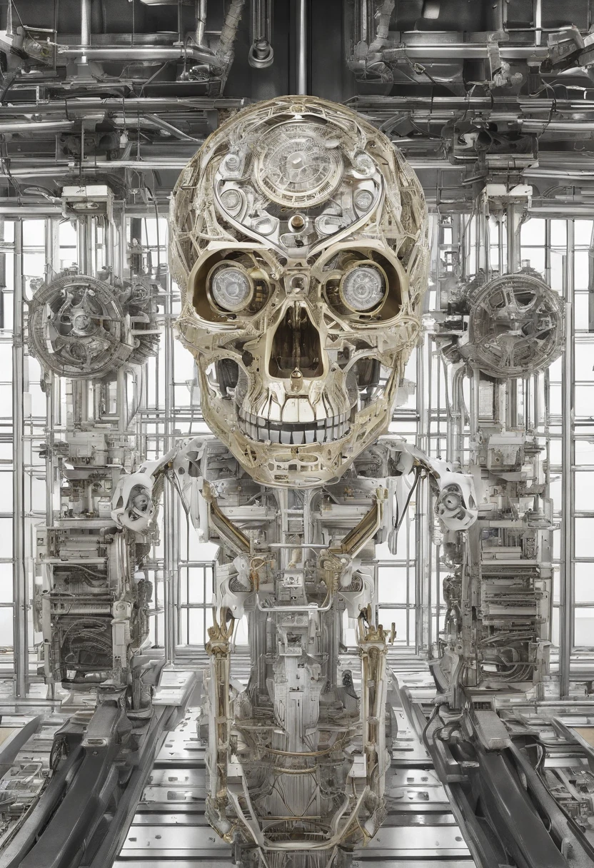 (((Highest quality))), ((Golden metal)), ((Ultra Definition)), (Highly detailed photorealistic), (((Delicate and beautiful features)), (Detailed mechanical robot head)), cinematic light, ((puppet Mechanical body)), (((inexpressif))), seulement, corps entier, ((male)), Rusty bald mechanical head, ((Rusty electric neon cables)), ((Detailed mechanical skull)), ((Bright neon eyes)), (Mechanical neon seals: 1.4), (Neon of rusty mechanical branches)), (Neon blood vessels connected to fluorescent cables), ((electromechanical vertebrae attached to the mechanical skull)), (((Fluorescent cervical vertebrae of the machine) attached to the neck)), ((suspendu)), (Electrical wires and fluorescent cables attached to the head and body: 1.5), nombreuses petites lampes LED sur le corps, Sf, Detailed neon lights, ((intricate high detail, Realstic, photo-realistic, photo-realistic:1.37))