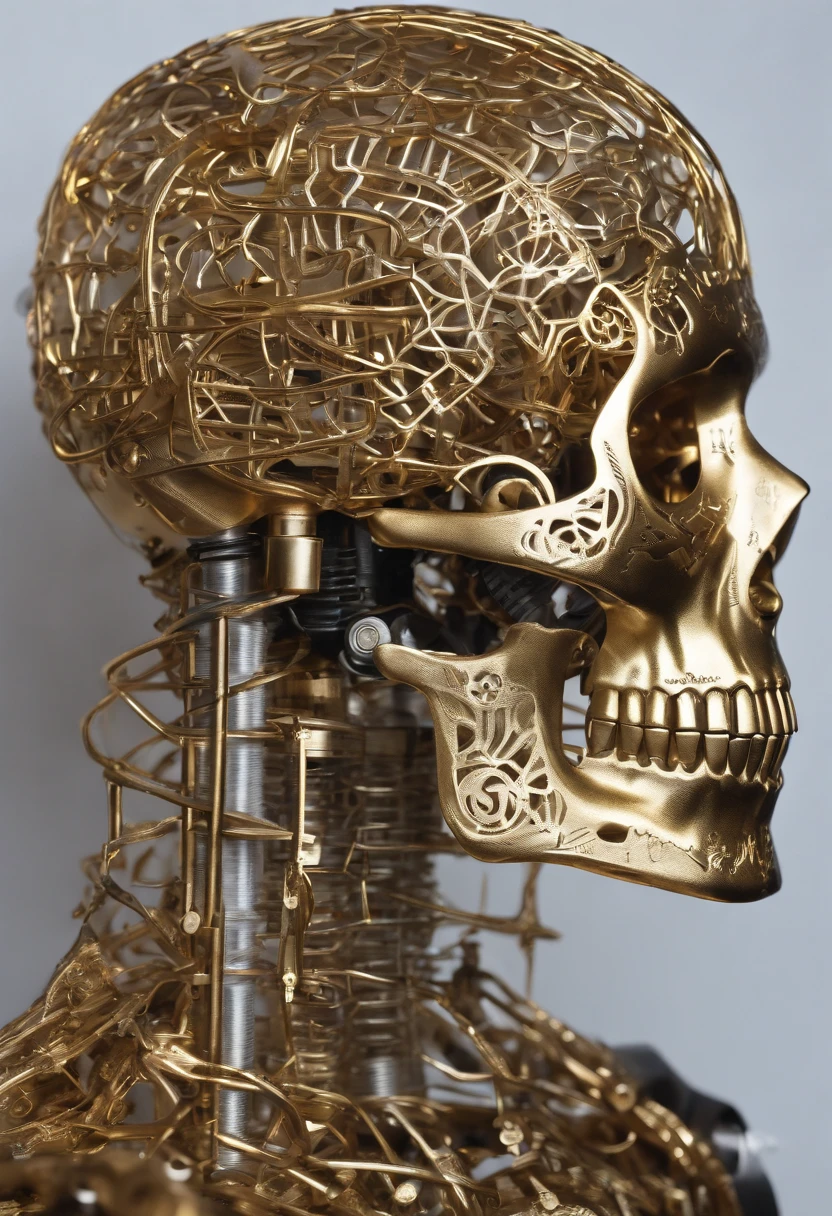 (((Highest quality))), ((Golden metal)), ((Ultra Definition)), (Highly detailed photorealistic), (((Delicate and beautiful features)), (Detailed mechanical robot head)), cinematic light, ((puppet Mechanical body)), (((inexpressif))), seulement, corps entier, ((male)), Rusty bald mechanical head, ((Rusty electric neon cables)), ((Detailed mechanical skull)), ((Bright neon eyes)), (Mechanical neon seals: 1.4), (Neon of rusty mechanical branches)), (Neon blood vessels connected to fluorescent cables), ((electromechanical vertebrae attached to the mechanical skull)), (((Fluorescent cervical vertebrae of the machine) attached to the neck)), ((suspendu)), (Electrical wires and fluorescent cables attached to the head and body: 1.5), nombreuses petites lampes LED sur le corps, Sf, Detailed neon lights, ((intricate high detail, Realstic, photo-realistic, photo-realistic:1.37))