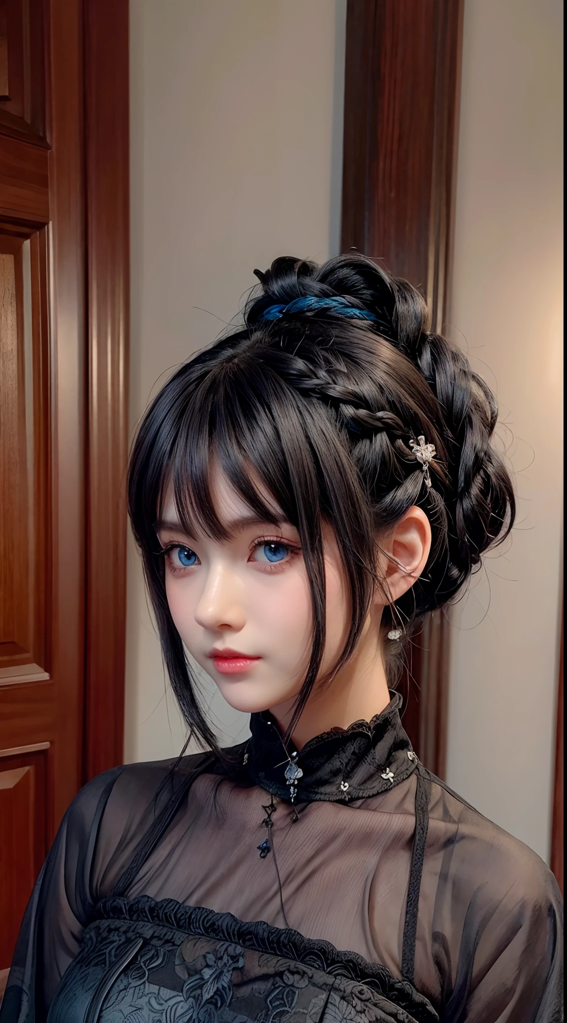 Black updo hair,Dark blue eyes