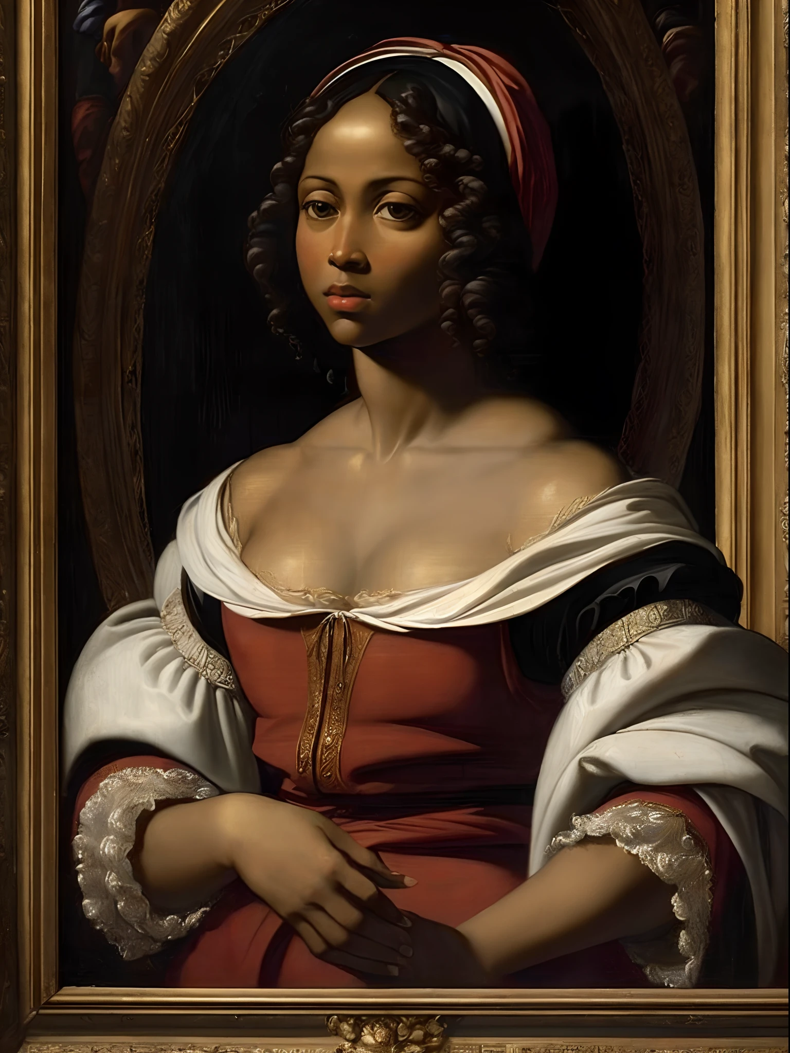 (Renaissance oil painting of a beautiful black woman:1.3), best quality, masterpiece, expressive, thrilling, 256k, epic, crepuscular lights, (by Michelangelo, by Rafael, by Rubens:1.2), chiaroscuro, best quality, masterpiece, (best hands)