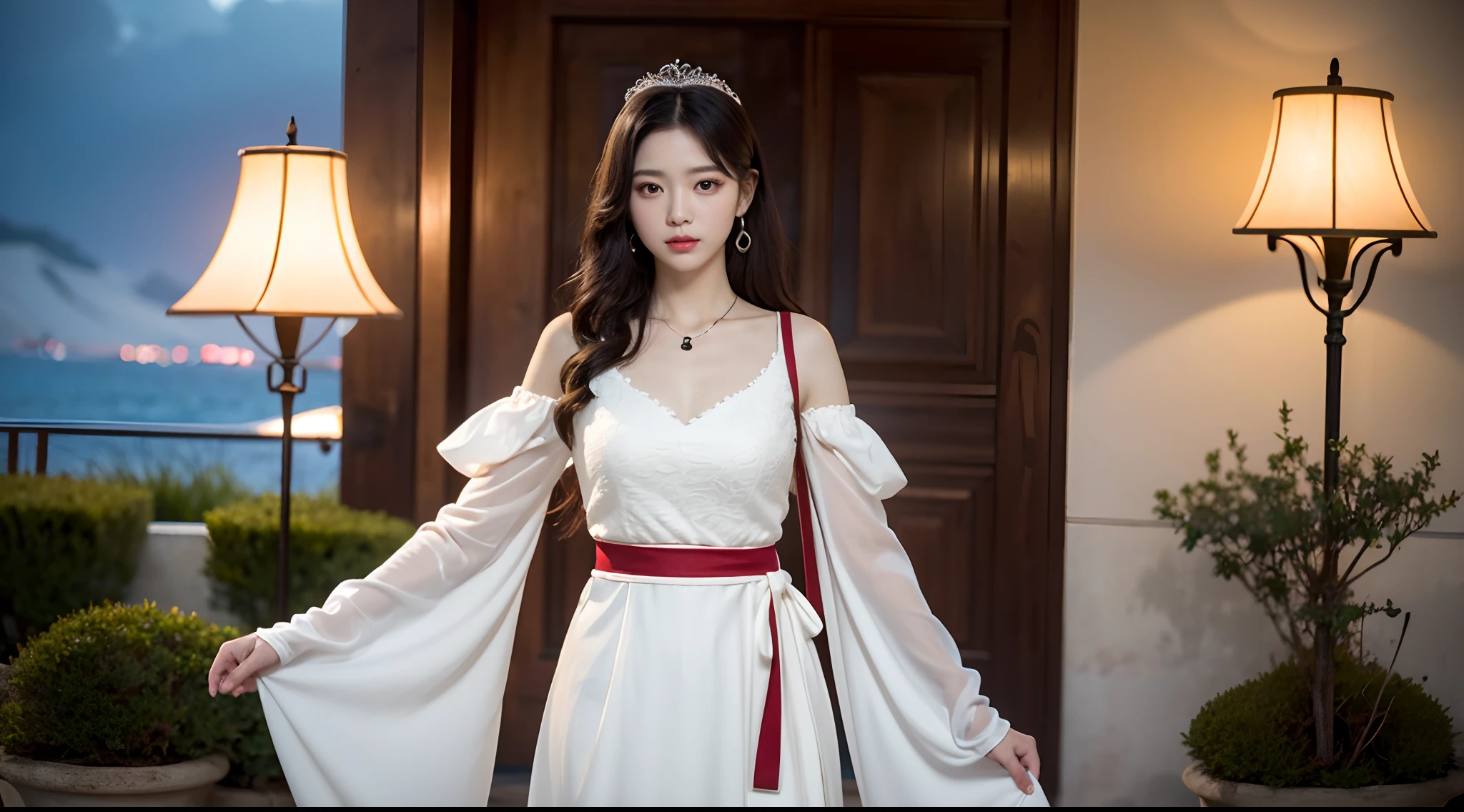 one-girl,Realiy,8K,超高分辨率,Front light,rays of sunshine,suns,photographed,(the sea,sandbeach,visitor,Iot,sea shell,Kayaking,baiyun),cotton candy, Female celebrities,long whitr hair,(A noble and elegant evening dress,long skirt:1.2),无袖,Hair_decorations, (Solo,solo person:1.3),,jewelry,sash, Looking_at_peeping at the viewer,tight-fitting,(A half body,中景 the scene is),Face lighting