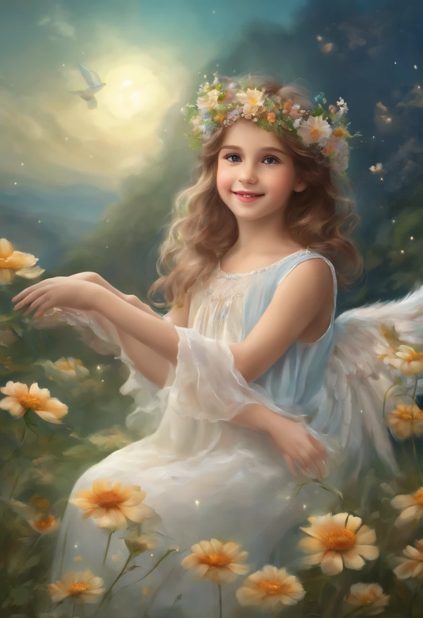 Top quality, Pastel painting, Gentle atmosphere, Twin Girl Angel, Cute, White wings, Smiling happily, Short brown hair of different colors, A blue eye, A green eye, Dresses of different colors, flower hair ornaments, Upper body, looking at viewert, space, meteors, Light,