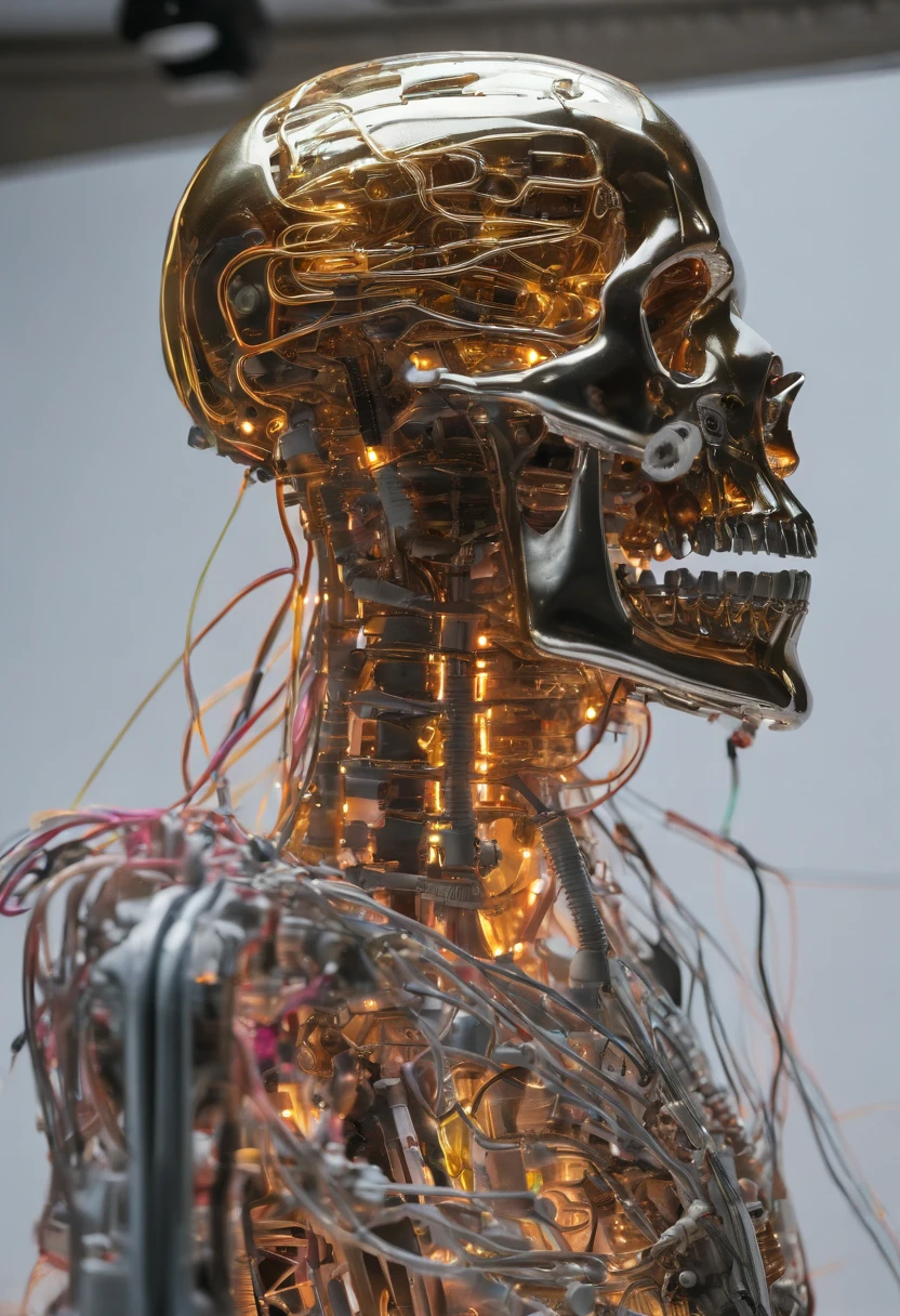(((Highest quality))), ((Golden metal)), ((Ultra Definition)), (Highly detailed photorealistic), (((Delicate and beautiful features)), (Detailed mechanical robot head)), cinematic light, ((puppet Mechanical body)), (((inexpressif))), seulement, corps entier, ((male)), Rusty bald mechanical head, ((Rusty electric neon cables)), ((Detailed mechanical skull)), ((Bright neon eyes)), (Mechanical neon seals: 1.4), (Neon of rusty mechanical branches)), (Neon blood vessels connected to fluorescent cables), ((electromechanical vertebrae attached to the mechanical skull)), (((Fluorescent cervical vertebrae of the machine) attached to the neck)), ((suspendu)), (Electrical wires and fluorescent cables attached to the head and body: 1.5), nombreuses petites lampes LED sur le corps, Sf, Detailed neon lights, ((intricate high detail, Realstic, photo-realistic, photo-realistic:1.37))