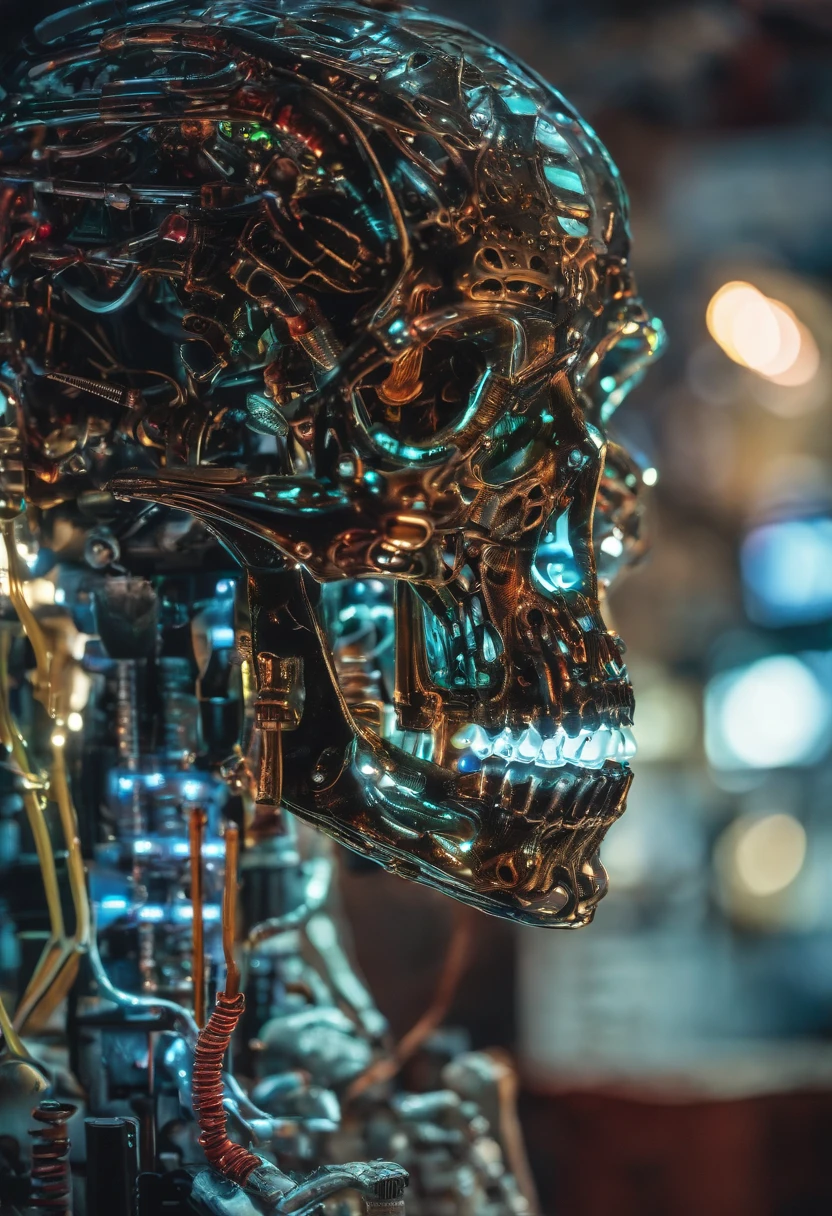 (((Highest quality))), ((Golden metal)), ((Ultra Definition)), (Highly detailed photorealistic), (((Delicate and beautiful features)), (Detailed mechanical robot head)), cinematic light, ((puppet Mechanical body)), (((inexpressif))), seulement, corps entier, ((male)), Rusty bald mechanical head, ((Rusty electric neon cables)), ((Detailed mechanical skull)), ((Bright neon eyes)), (Mechanical neon seals: 1.4), (Neon of rusty mechanical branches)), (Neon blood vessels connected to fluorescent cables), ((electromechanical vertebrae attached to the mechanical skull)), (((Fluorescent cervical vertebrae of the machine) attached to the neck)), ((suspendu)), (Electrical wires and fluorescent cables attached to the head and body: 1.5), nombreuses petites lampes LED sur le corps, Sf, Detailed neon lights, ((intricate high detail, Realstic, photo-realistic, photo-realistic:1.37))