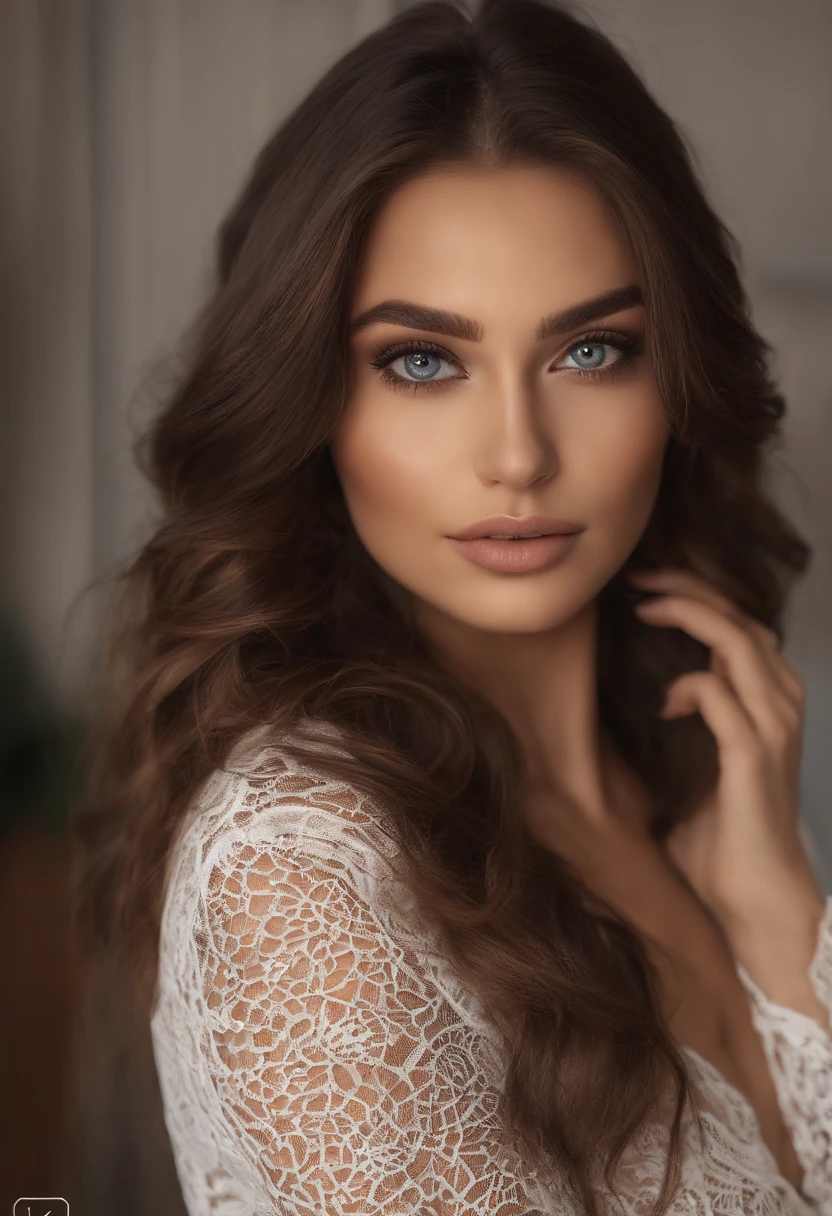Arafed woman completely , fille sexy aux yeux bruns, ultra realist, Meticulously detailed, Portrait Sophie Mudd, cheveux bruns et grands yeux, selfie of a young woman, Dubai Eyes, Violet Myers, sans maquillage, maquillage naturel, looking straight at camera, Visage avec Artgram, Maquillage subtil, Great photo of the whole body kneeling on the bed, dans la chambre, Medium to large bust