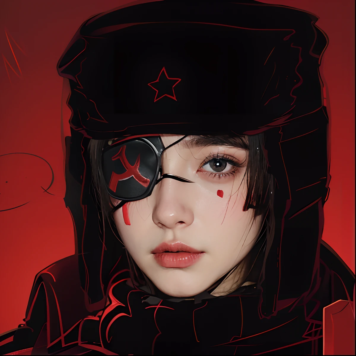 ember,twinks、red blush,an eye patch,Russian hat,Black clothes with high neck,perspiring,年轻,youth,No wrinkles,Sweaters