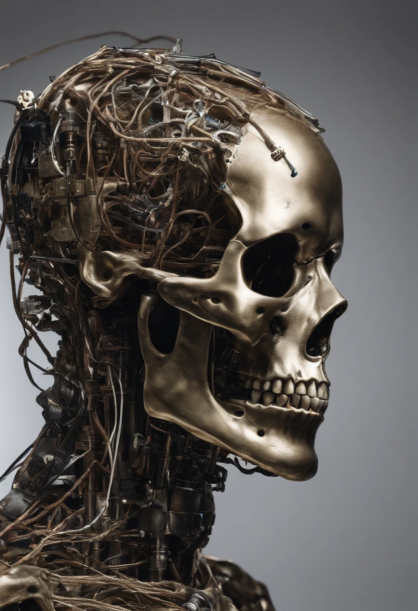 (((Highest quality))), ((Golden metal)), ((Ultra Definition)), (Highly detailed photorealistic), (((Delicate and beautiful features)), (Detailed mechanical robot head)), cinematic light, ((puppet Mechanical body)), (((inexpressif))), seulement, corps entier, ((male)), Rusty bald mechanical head, ((Rusty electric neon cables)), ((Detailed mechanical skull)), ((Bright neon eyes)), (Mechanical neon seals: 1.4), (Neon of rusty mechanical branches)), (Neon blood vessels connected to fluorescent cables), ((electromechanical vertebrae attached to the mechanical skull)), (((Fluorescent cervical vertebrae of the machine) attached to the neck)), ((suspendu)), (Electrical wires and fluorescent cables attached to the head and body: 1.5), nombreuses petites lampes LED sur le corps, Sf, Detailed neon lights, ((intricate high detail, Realstic, photo-realistic, photo-realistic:1.37))