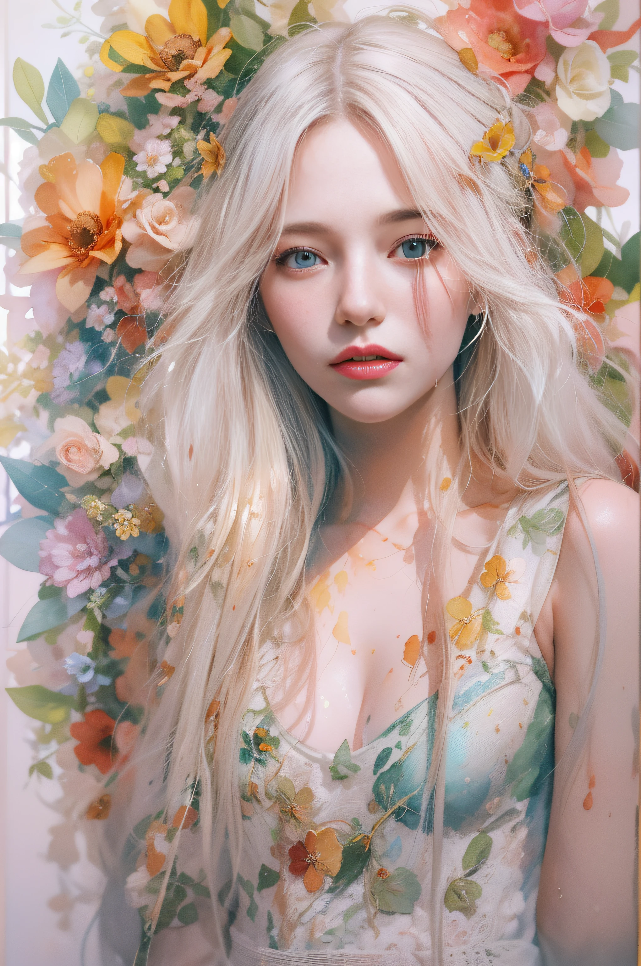 high quality, 8K Ultra HD, high detailed, Watercolor, wash technique, colorful, A painting with dripping and scattered paint, Painting like Agnes Cecile, blurry, pale touch, smudged outline, like a fairy tale, Beautiful woman made with flower colorage, expressing women using flowers and plants, cutting and combining petals and leaves, drawing women's hair and dresses using the colors and shapes of flowers, vivid colors and nature, luminism, three dimensional effect, enhanced beauty, Albert Anker, Feeling like John Howe, Greg Rutkowski, Feeling like Kyoto Animation, Artgerm, WLOP, Alphonse Beeple, luminism, Isometric, awesome full color,