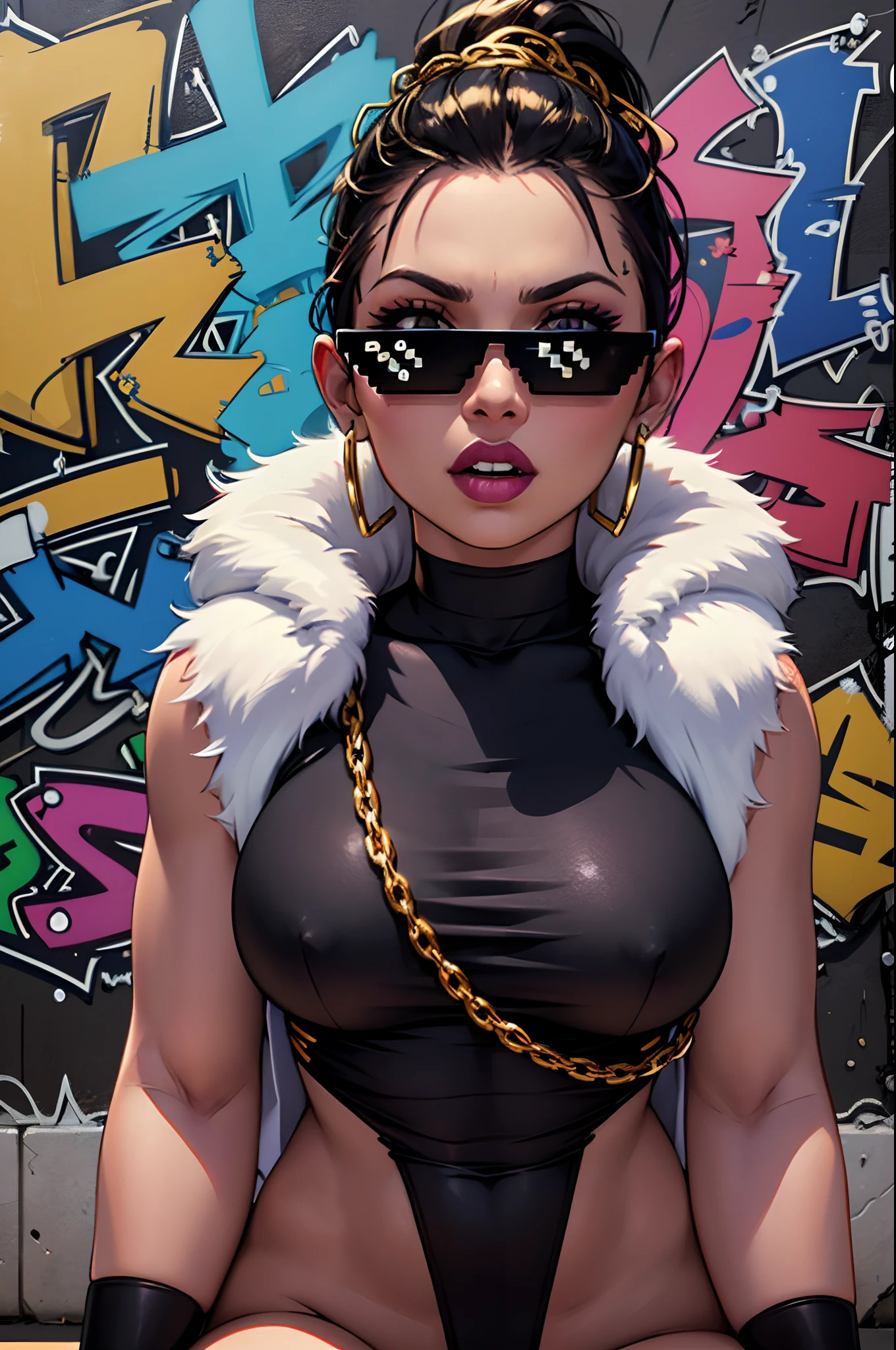 (fullbody:1.2,highres,ultra-detailed,realistic),confident badass attitude,arrogant cocky boss bitch chav female rapper,gold chains between her teeth,vibrant colors,studio lighting,graffiti background incrsdealwithit