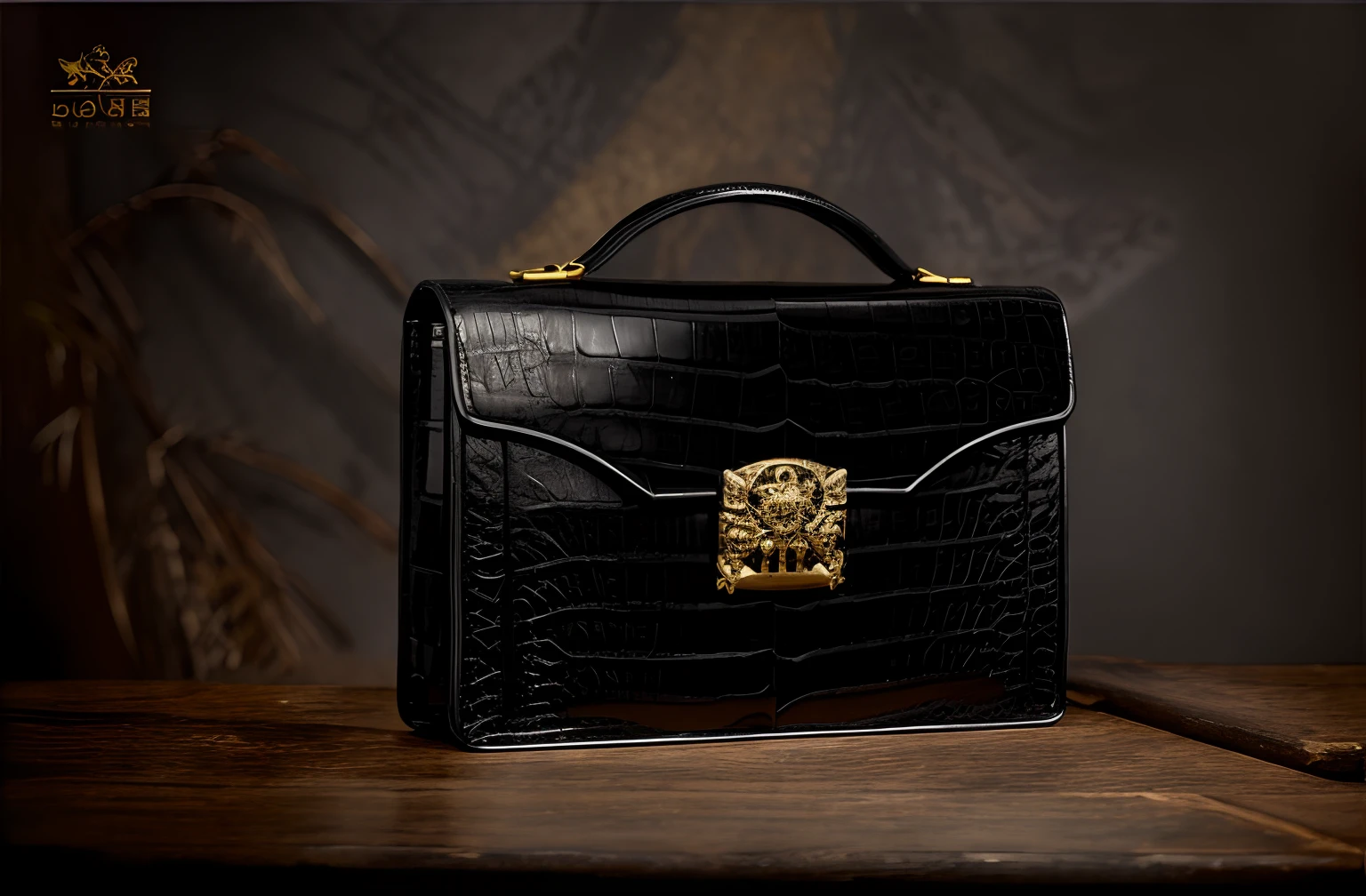 a close up of a black bag with a gold lion on it, decadent, briefcase, carbon blac and antique gold, the handbag is over a wood table, carbon black and antique gold, handbag, exquisite black accessories, rich in texture ), high quality product photo, black draconic - leather, highly detailed product photo, intricate intense elegant, by Arthur Pan, ornate