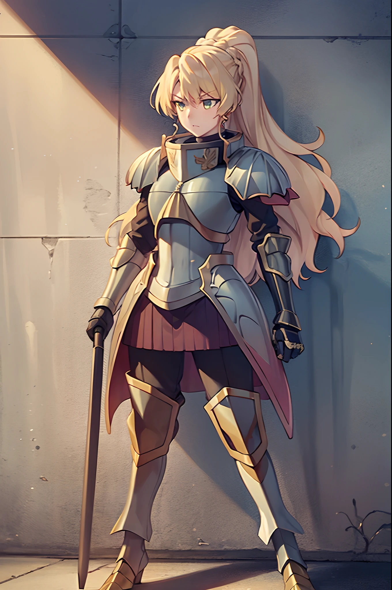 masterpiece, best quality, 1girl, alicetaria,blonde hair, long hair, ponytail, green eyes, closeup, shoulder armor, pauldron, , simple background, standing, full body, boots