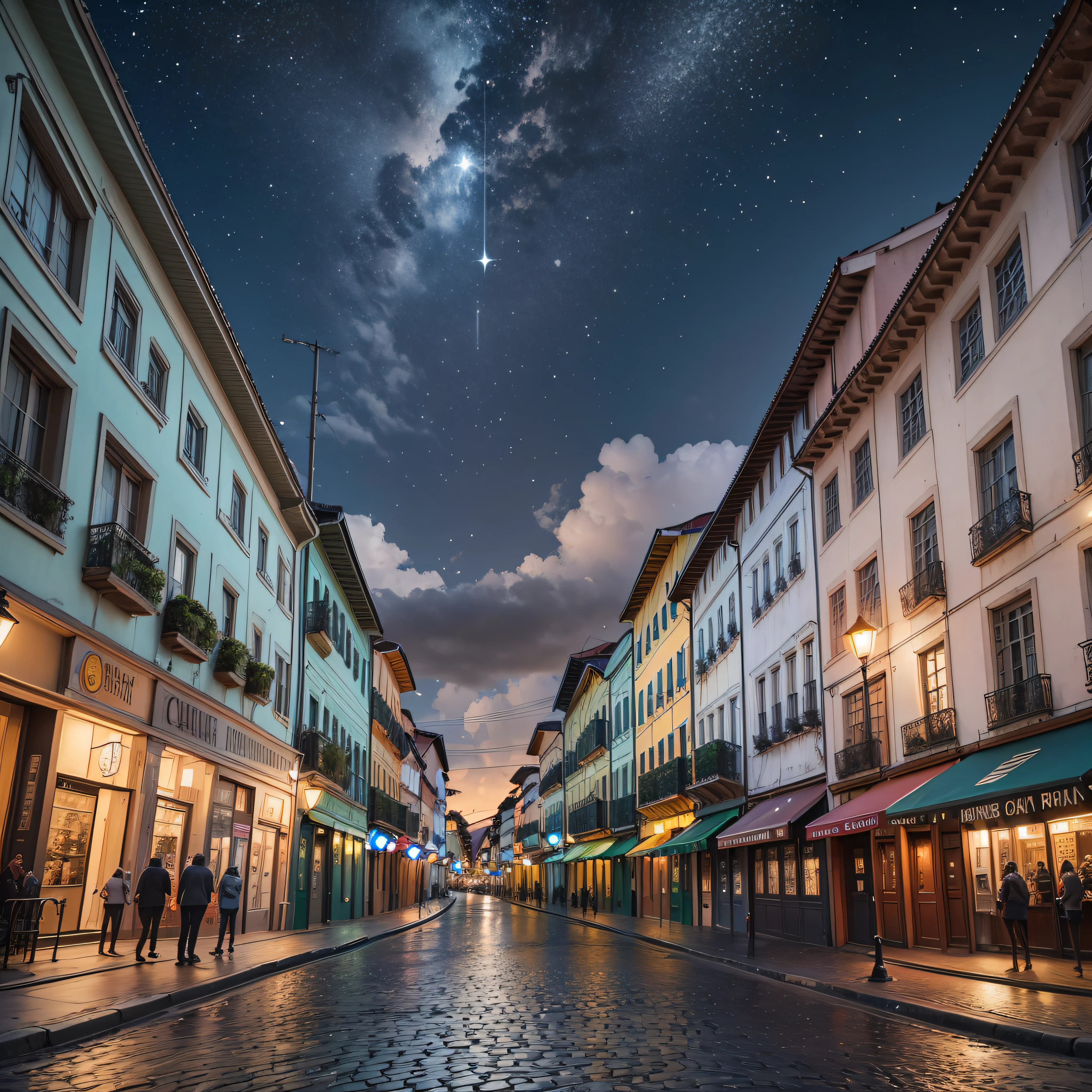 create an image with the following characteristics:
Largo da Ordem in Curitiba
Black sky with stars
Mist in the streets
Atmosphere of mystery and fantasy --auto --s2