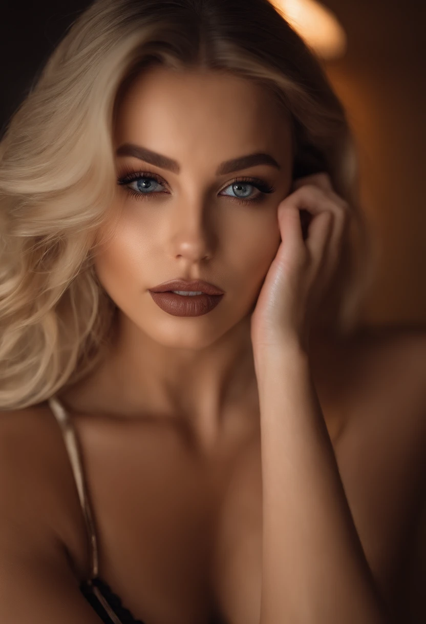 Arafed woman with matching tank top and panties, Sexy girl with brown eyes, portrait sophie mudd, blonde hair and large eyes, at the club, Selfie einer jungen Frau, Augen im Schlafzimmer, Violet Myers, ohne Make-up, Natural makeup, Blick direkt in die Kamera, Gesicht mit Artgram, dezentes Make-up, Stunning full body shot, im Schlafzimmer, Spaltung