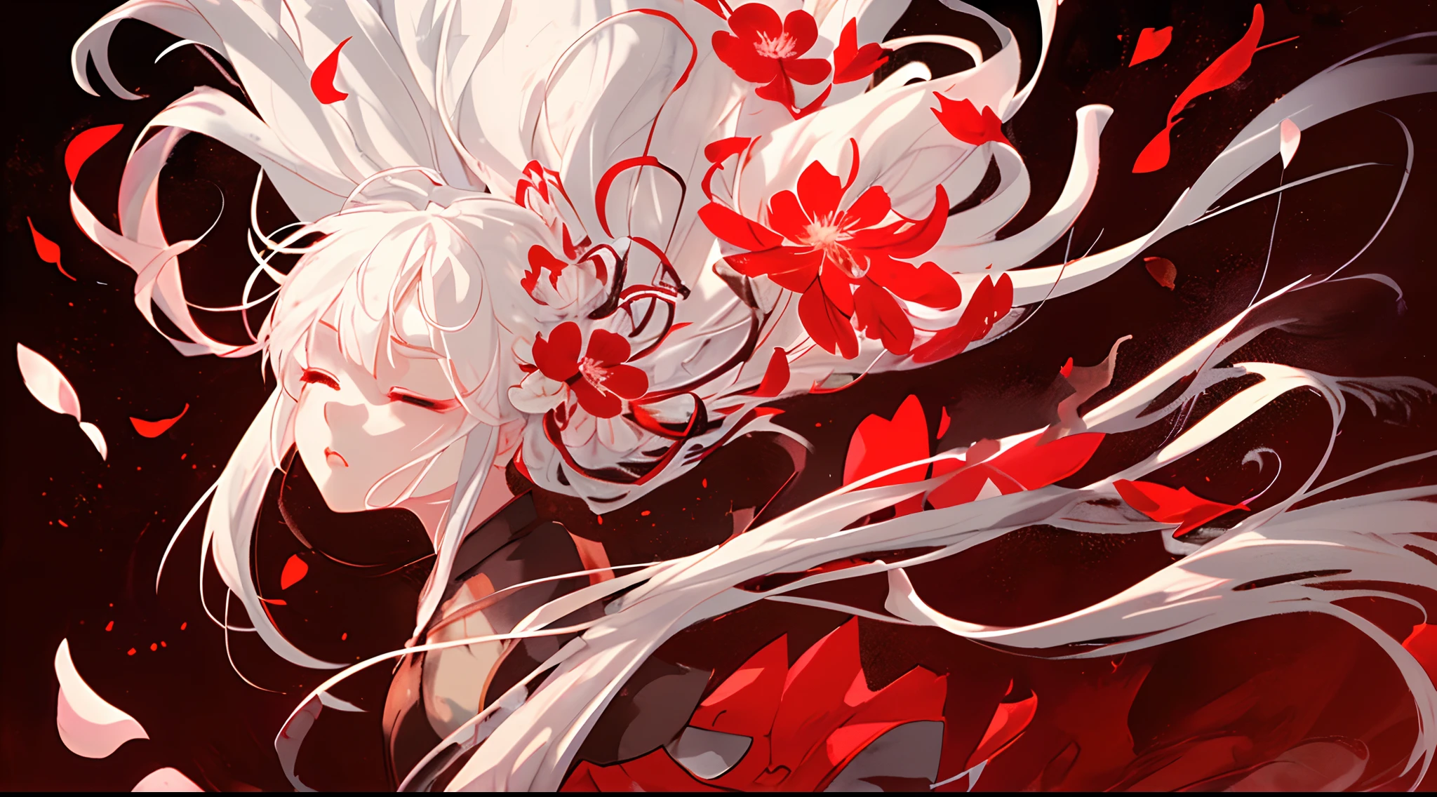 girl with eyes closed, white hair that is tied up, flowing hair, burning flower on hair, falling petals