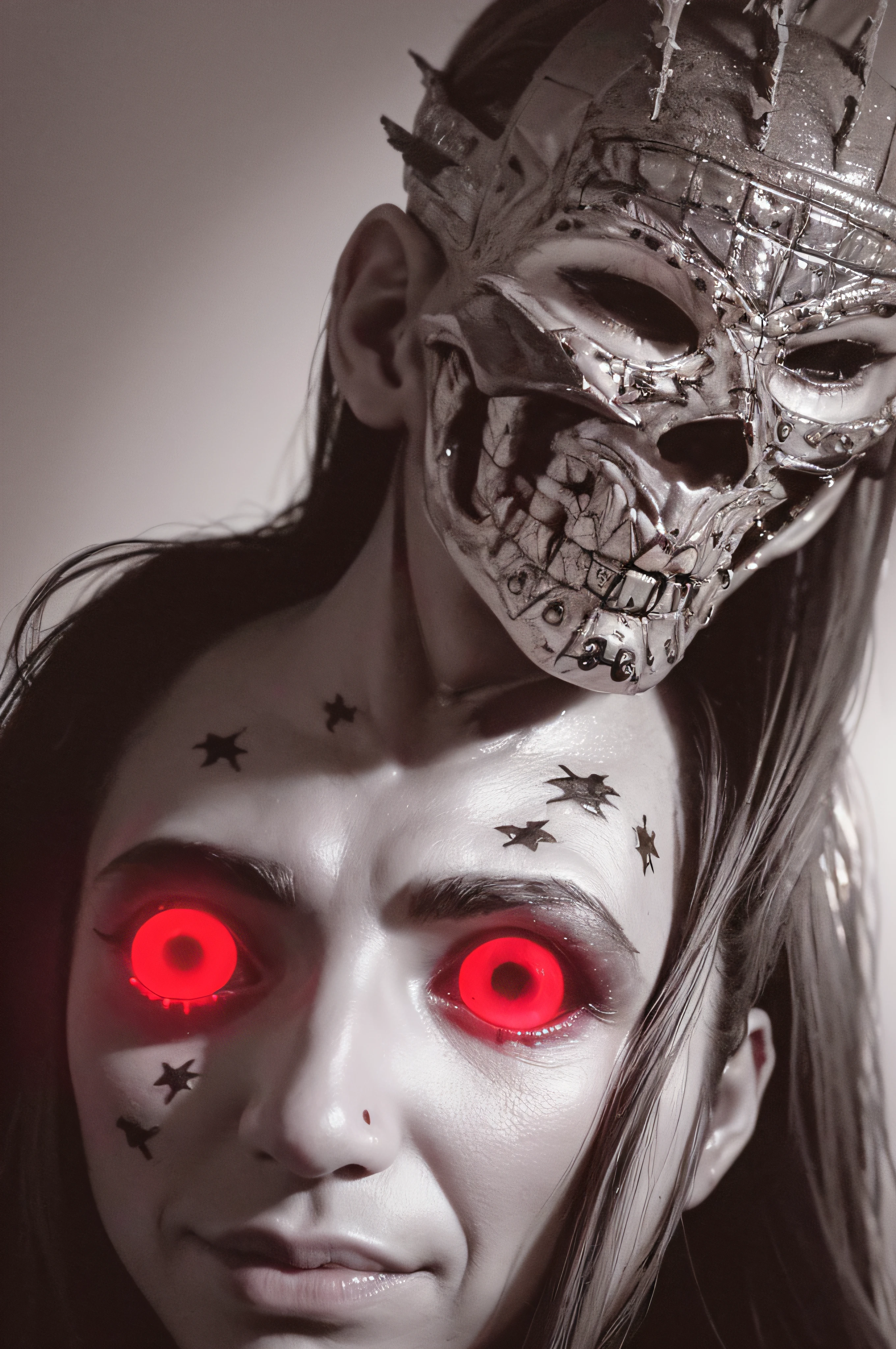 "(The best lighting, oscuro, dramatic),(feto calavera alien, Hellraiser, Cicatrices, , sexy, cerebro, sangre, una rata dentro de la cabeza, terror.),(ojos rojos, calaveras). morning light.
