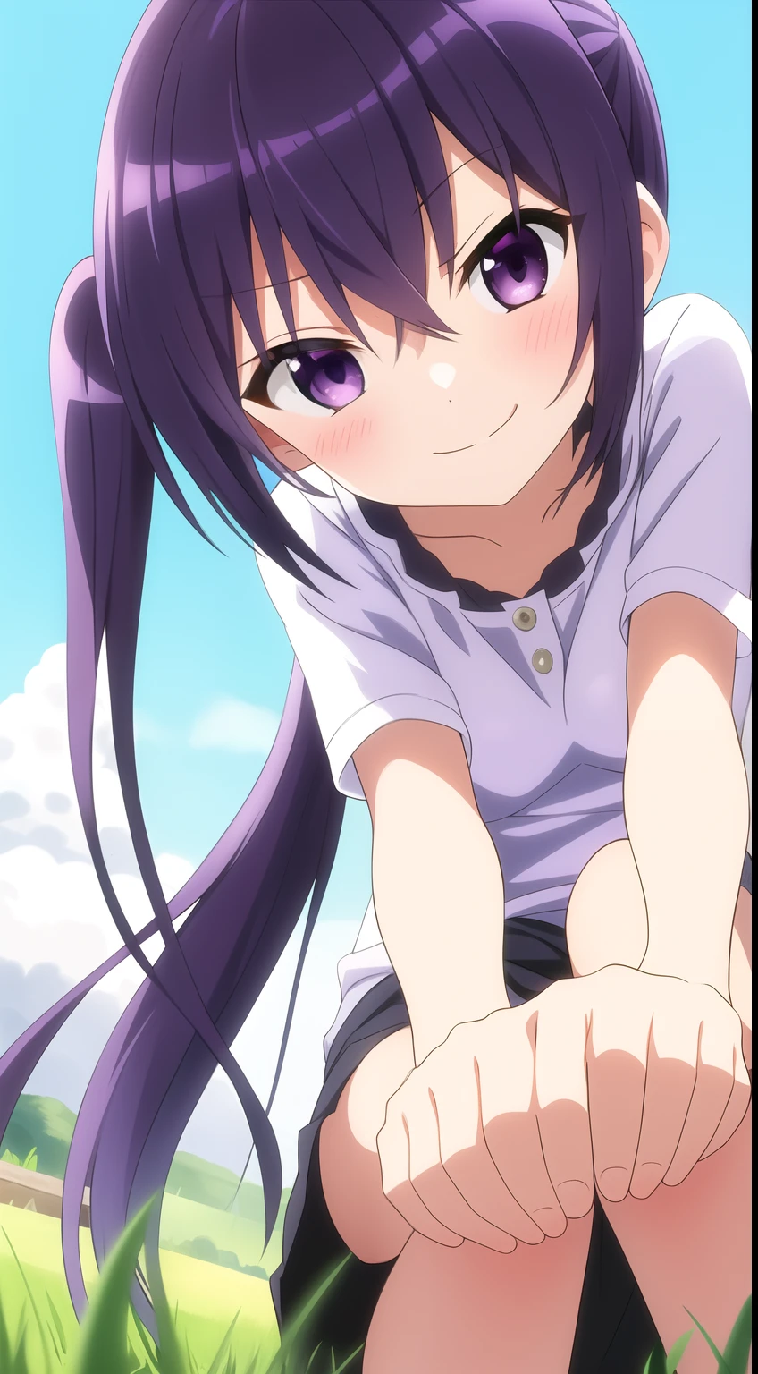 (masterpiece), (1girl), (hands on own knees), (smirk), (looking at viewer), (from below), (grass), (sky), (tedeza rize), (purple black hair), (twintails)