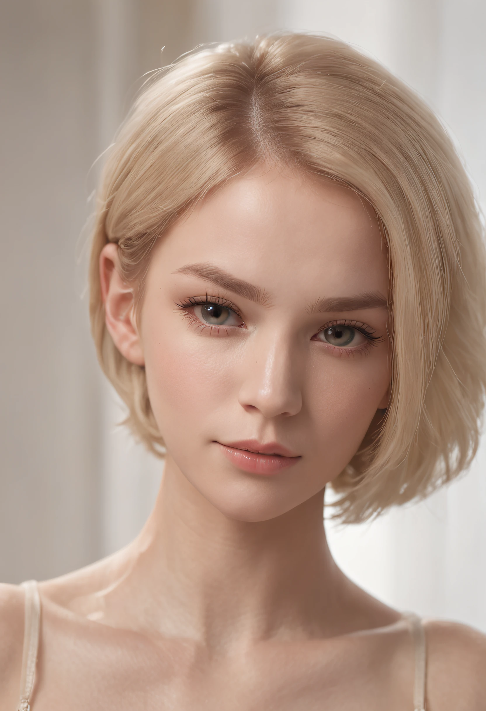 professional, (4k photo:1.1) by (Jeremy Lipking:0.3), (Dittmann Anna:0.3), (Arian Mark:0.3), (Sharp focus:1.3), high detail, wearing (tight shirt:1.2), beautiful detailed face, hazel eyes, short blonde hair, (attractive young woman:1.3), (seductive:1.1), (blushing:1.1), hourglass body shape, natural breasts, wide hips