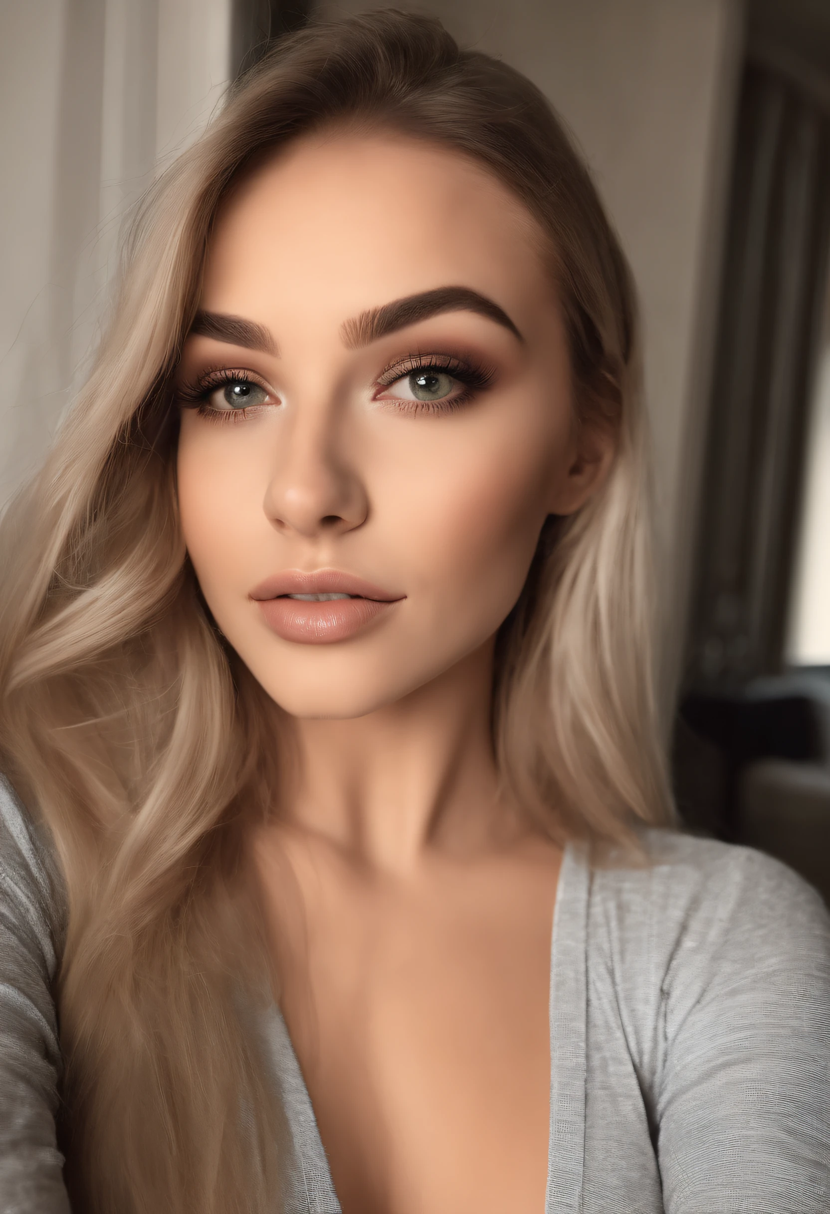 Arafed woman with matching tank top and panties, Sexy girl with brown eyes, portrait sophie mudd, blonde hair and large eyes, at the club, Selfie einer jungen Frau, Augen im Schlafzimmer, Violet Myers, ohne Make-up, Natural makeup, Blick direkt in die Kamera, Gesicht mit Artgram, dezentes Make-up, Stunning full body shot, im Schlafzimmer, Spaltung