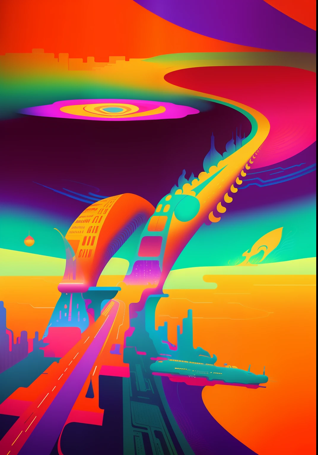 Psychedelic poster in San Francisco, in style of digital illustration, inspired by Victor Ngai, Retro psychedelic illustration, Tsvetnoye Highway, Surreal psychedelic design, in style of digital painting, Victor Style, Surreal flat colors, The Art of Retro Futurism, Psychedelic illustration, Masterpieces of art