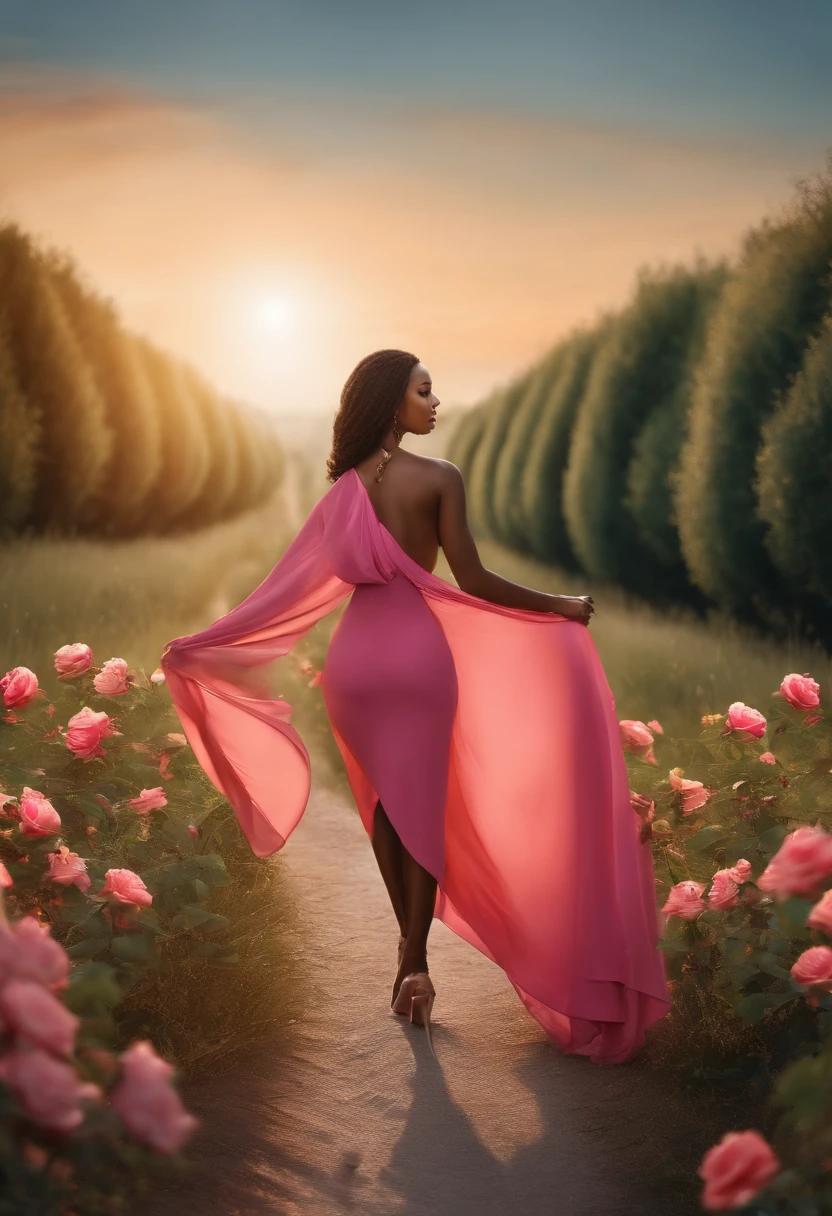 Masterpiece, Best quality, Ultra-detailed African, illustration, Grand angle, 1girl stand au milieu de la route, seulement, route au milieu et cerisiers roses au bord de la route, corps entier, 20 I, cheveux roses, chandail, robe, mode,, composition, balance, harmonie, rythme, Couleur, luz, ombre, reflection, refraction, ton, contraste, premier plan, middle ground, background, naturaliste, figuratif, representational.