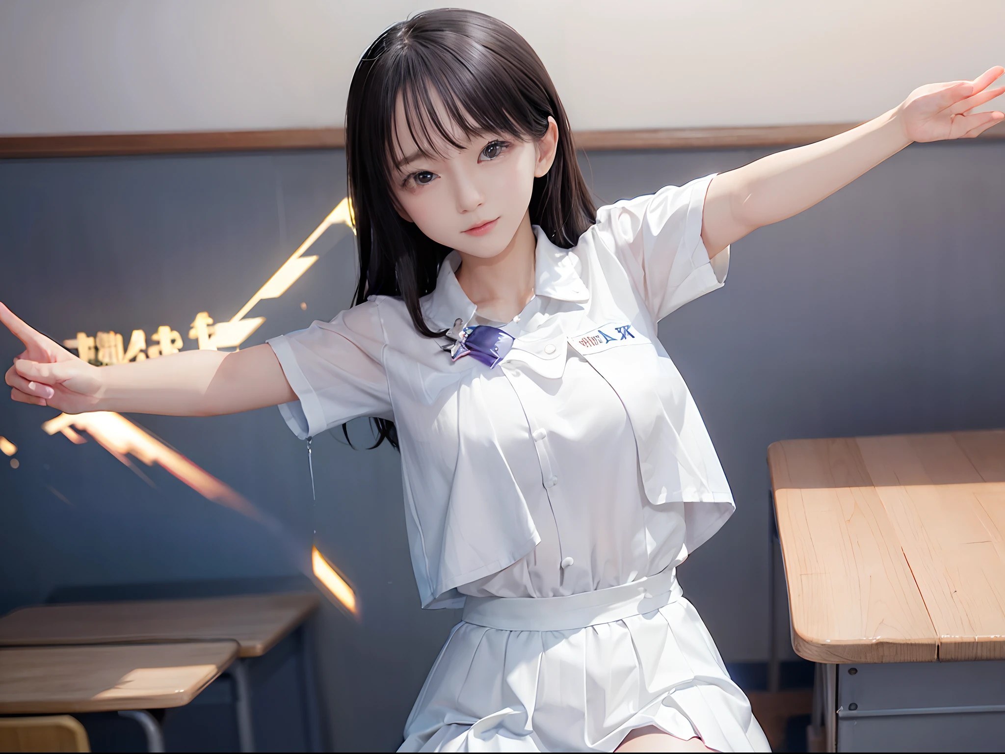 female students are falling asleep in the classroom, summer uniform, sharp focus, 8k, perfect composition, trending on art station, award-winning photograph, cinematic smooth, intricate detail, highly detailed, from below, splash, fractal art, god ray, rainbow,