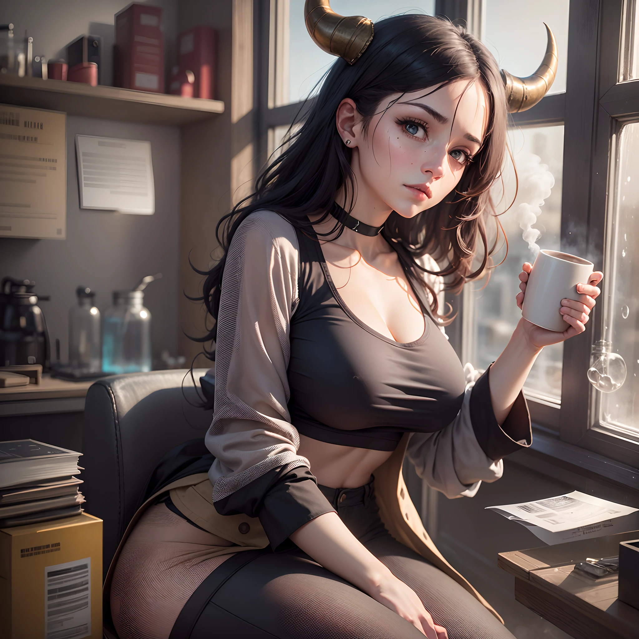 A gothic girl with cow horns bent backwards is sitting in a chemistry lab, holding a warm steamy coffee in one hand and a stamp in the other. She's wearing a long-sleeved black T-shirt and high-waisted pants, looking out the window at the cold rainy weather. Lines of facial hair adorn her face and she's wearing an lab coat that reveals her midriff and sagging big breasts. She looks tired with bags under her eyes, but there's a hint of shocker in her expression that captivates the viewer. The ground angle shot from below adds to the hyperrealism of the raw photography, which is captured in stunning 8k resolution. It's a masterpiece of a scene that blends fantasy and reality, darkness and warmth, beauty and imperfection