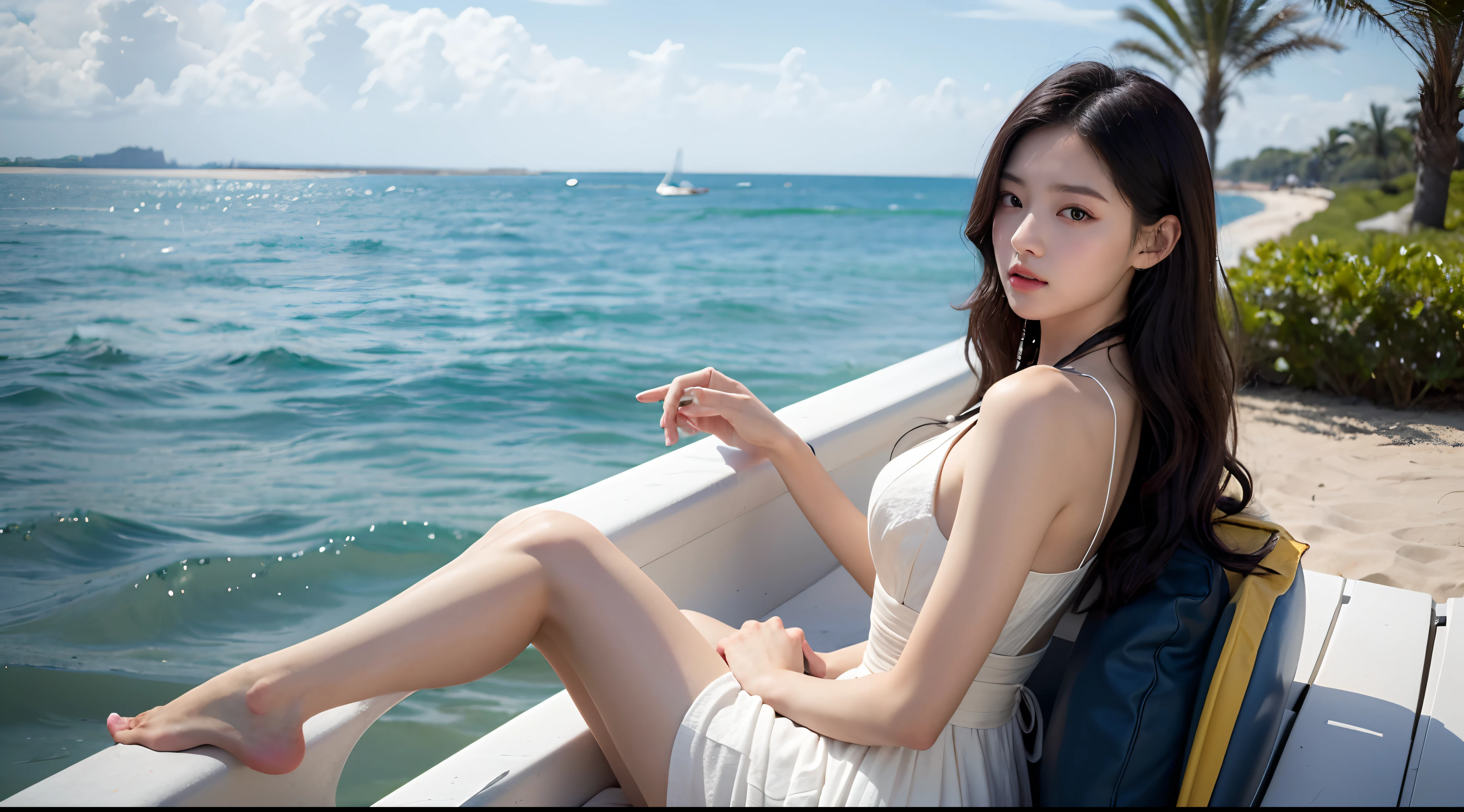 one-girl，Realiy，8K，超高分辨率，Front light，rays of sunshine，suns，photographed，(the sea，sandbeach，visitor，Iot，sea shell，Kayaking，baiyun)，cotton candy， Female celebrities，long whitr hair，（A noble and elegant evening dress，long  skirt:1.2)，无袖,Hair_decorations, (Solo,solo person：1.3),，jewelry，sash, Looking_at_peeping at the viewer，tight-fitting，(A half body，中景 the scene is)，Face lighting