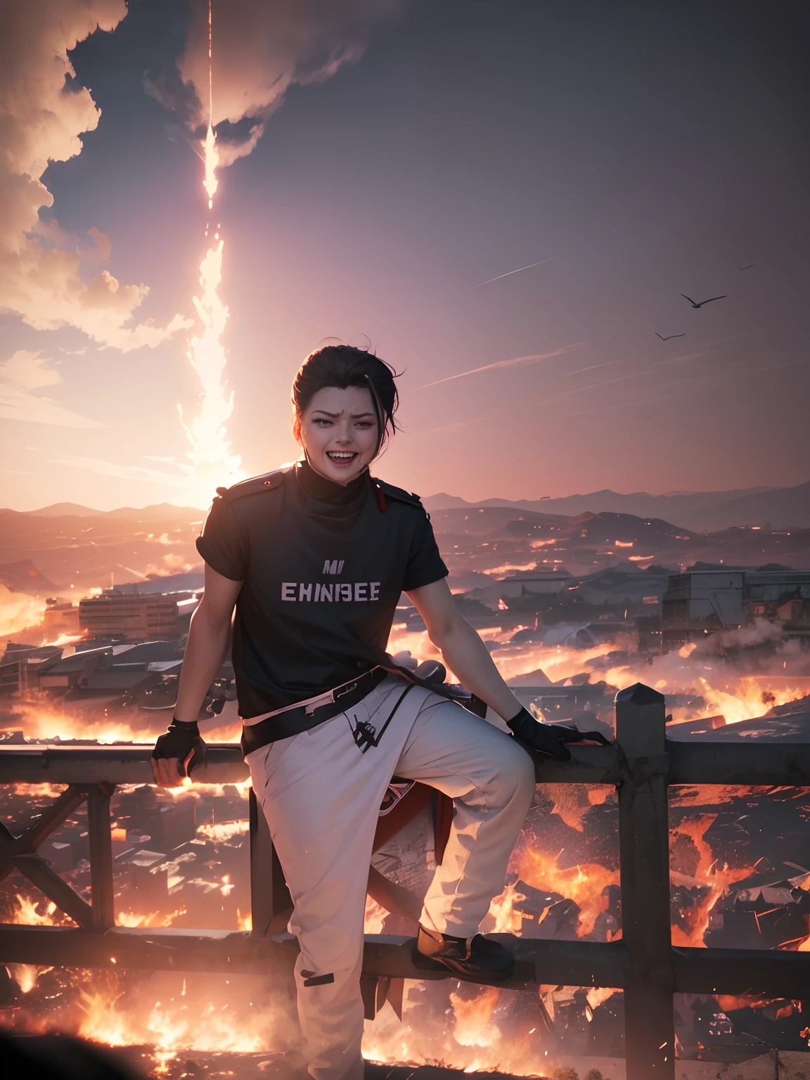 Masterpiece, top quality, ruined city and fire in the background, anime girl in uniform kneeling on the ground, white Nazi SS Militari, 4K manga wallpaper, BLEACH, Exterminator, Shalltear Bloodfallen, badass anime 8K, gapmoe yandere, yandere, albedo from Anime Overlord, creepy grin, crazy laugh, angled laughter at the corners of the mouth, black hair long hair, White miniskirt, white long-sleeved military uniform