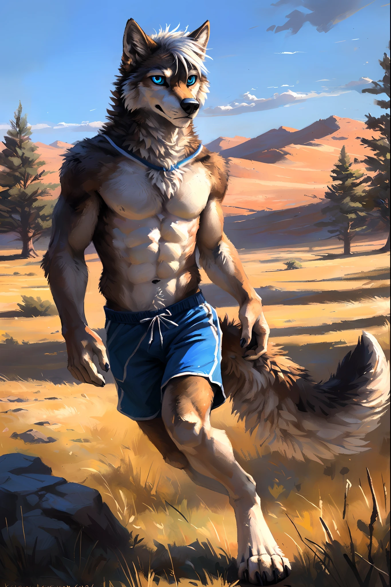 ((Solo)), male people, anthro wolf, (Multi-colored fur, White-brown:1.3,White tail pointed), ((Wolf face, White hair, Big eyes, White eyelids, Blue pupil, Slim:1.2) (Tough, Calm expression:1.2)), Abs, Slim, pinging)), (Correct anatomy), (Work shorts:1.1), The upper body is naked, (detailed outfits),A big tail,Feet,(Realistic fur, Detailed fur texture, labeled:1.3)), (Natural lighting), Photorealistic, Hyperrealistic, ultradetailed, by Kenket,Endless grasslands,There are no trees,No large rocks,No artificiality,erect through,Running on