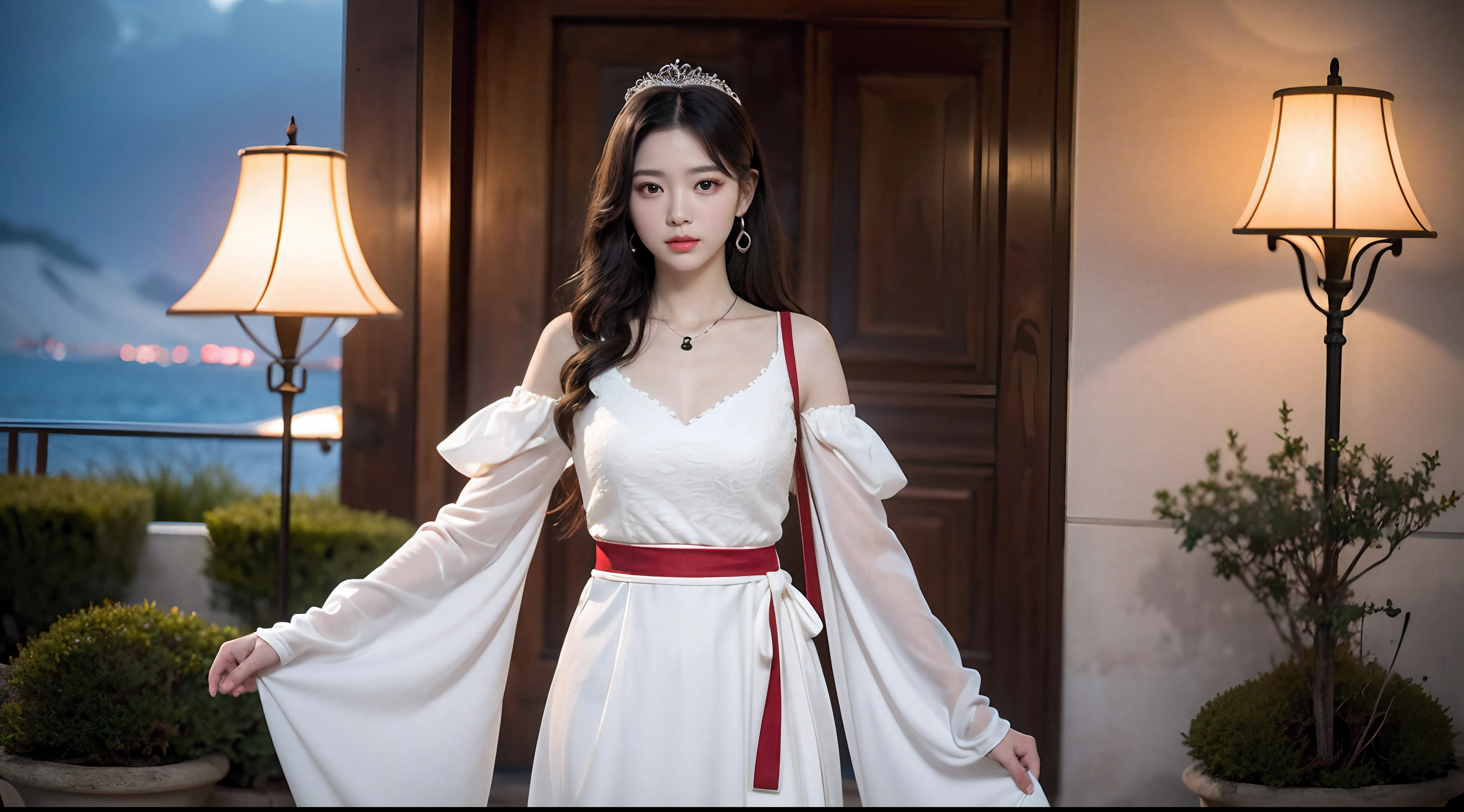 one-girl,Realiy,8K,超高分辨率,Front light,rays of sunshine,suns,photographed,(the sea,sandbeach,visitor,Iot,sea shell,Kayaking,baiyun),cotton candy, Female celebrities,long whitr hair,(A noble and elegant evening dress,long skirt:1.2),无袖,Hair_decorations, (Solo,solo person:1.3),,jewelry,sash, Looking_at_peeping at the viewer,tight-fitting,(A half body,中景 the scene is),Face lighting